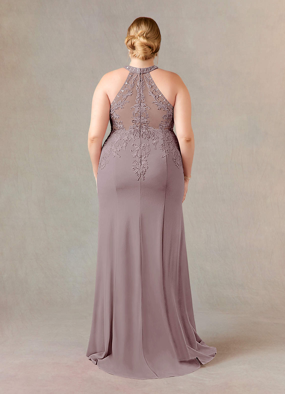 Azazie Tyra Mother of the Bride Dresses Vintage Mauve Mermaid Halter Lace Stretch Crepe Dress image8