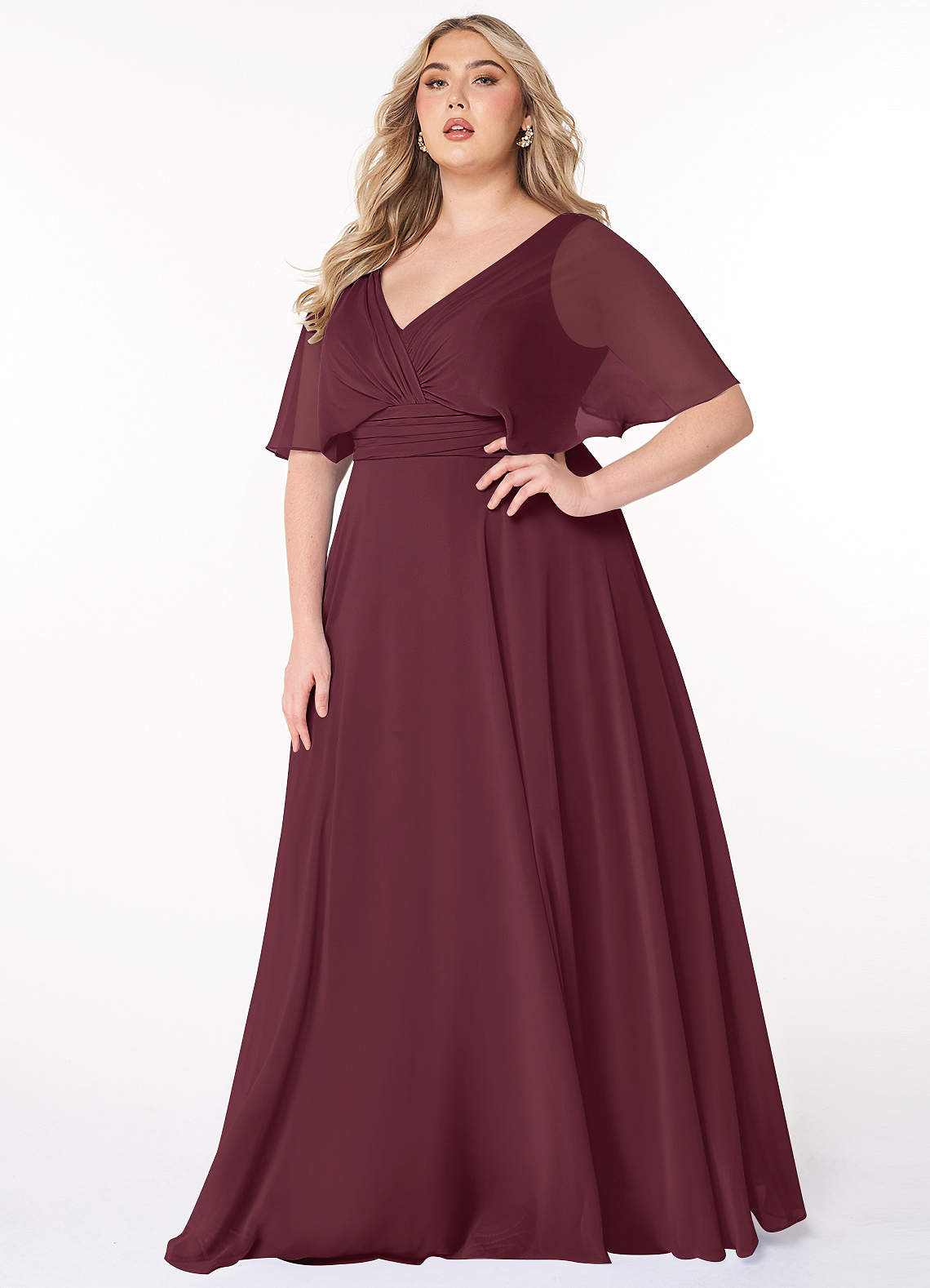 Azazie Pamela Robes de demoiselle d'honneur Robe Trapèze en Mousseline de soie Col V plissé Cabernet image1