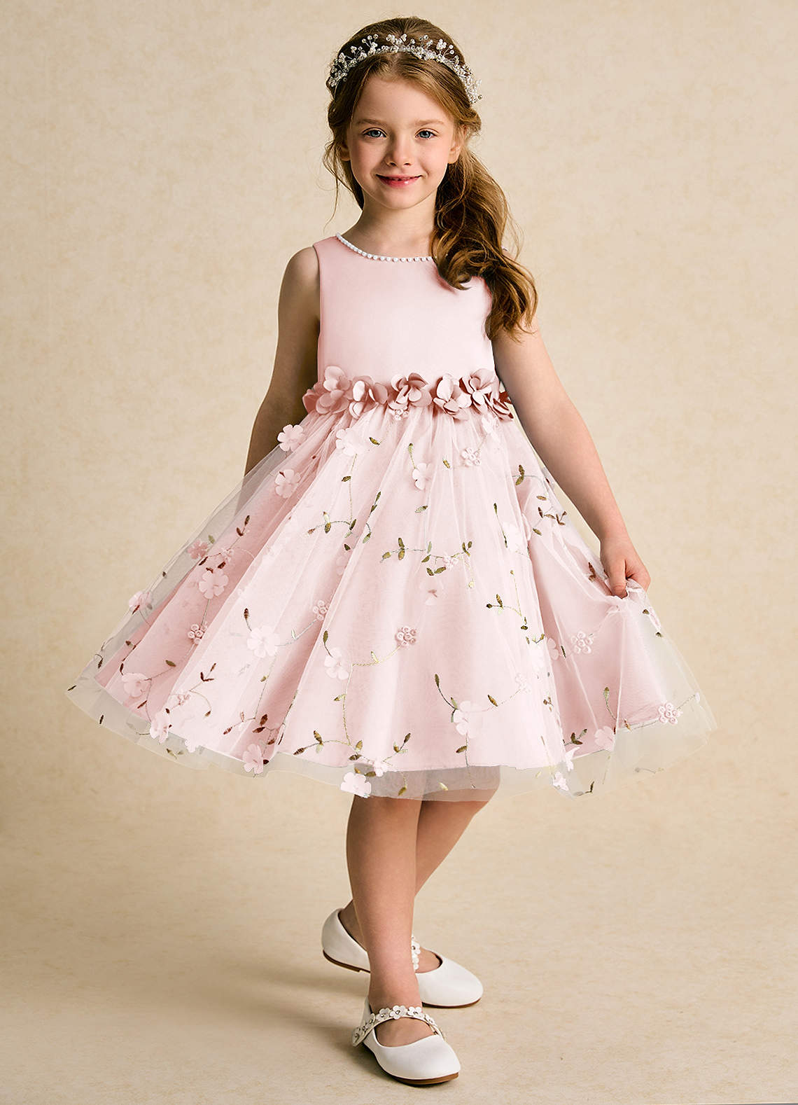 Azazie Starri Flower Girl Dresses Blushing Pink Ball-Gown Beaded Matte Satin Dress image2