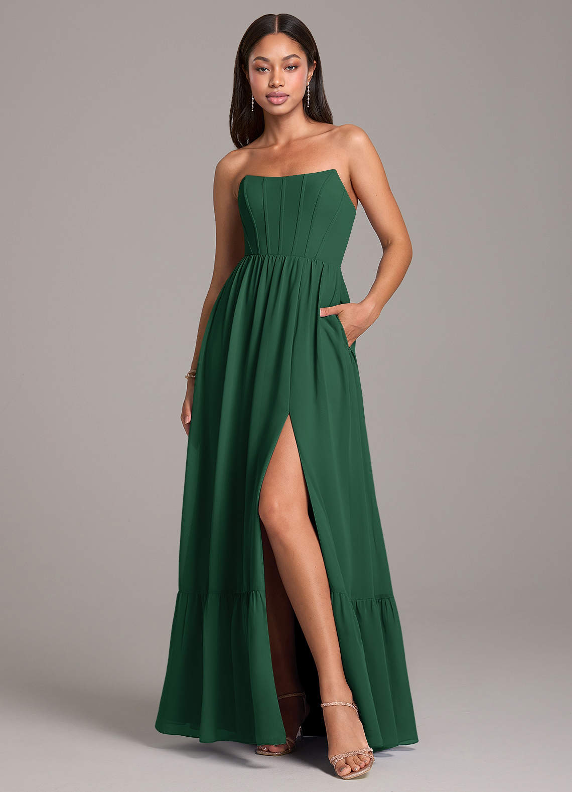Azazie Kailee Bridesmaid Dresses Dark Green A-Line with Pockets Chiffon Dress image1