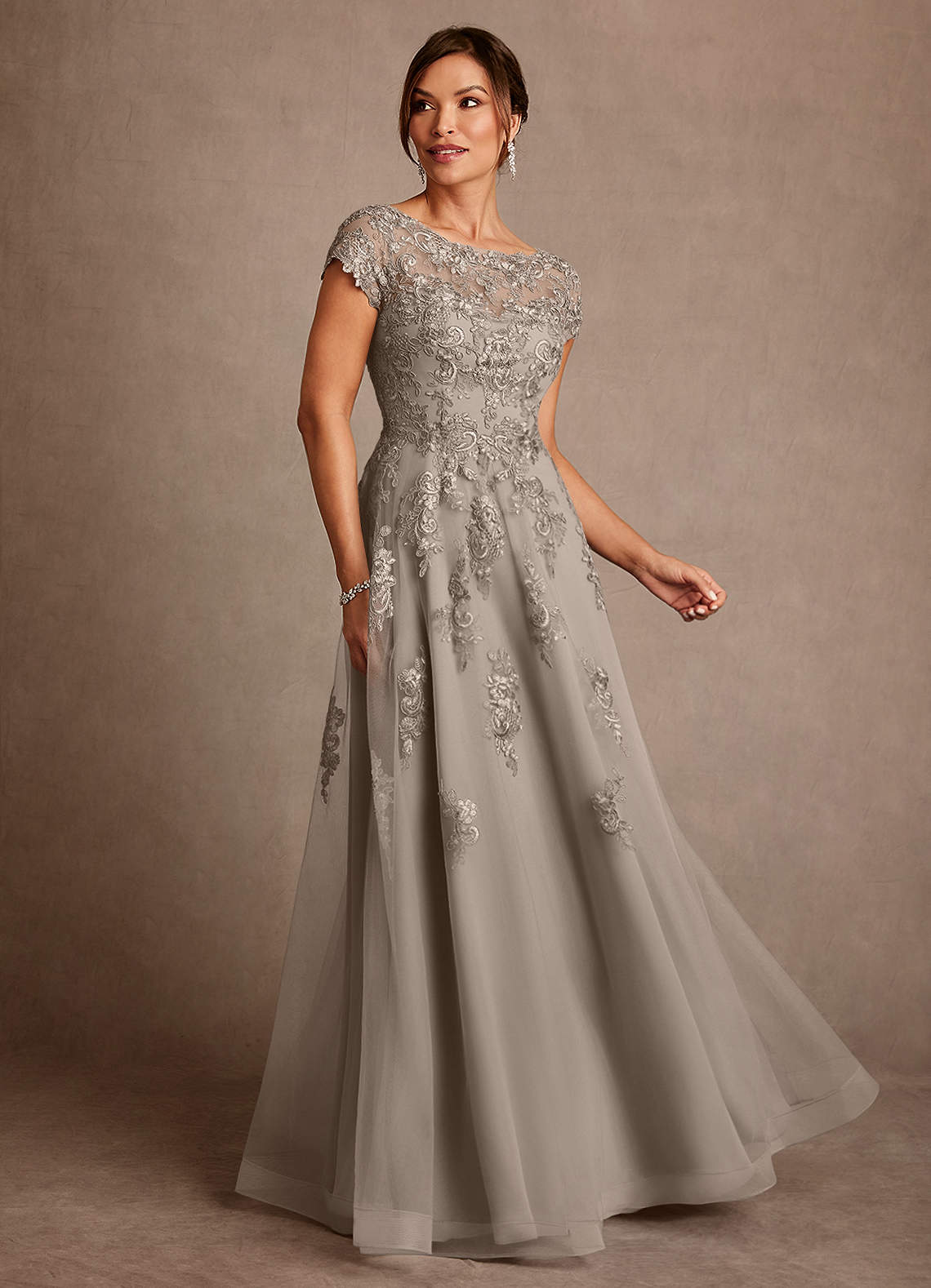 Azazie Jalinda Mother of the Bride Dresses Taupe A-Line Lace Chiffon Dress image1
