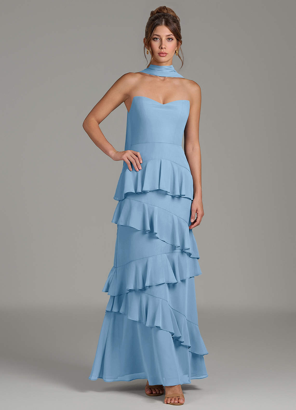Azazie Imani Vestidos de prueba en casa Vestido de Azul Acero de Gasa de Línea A con Volante image1