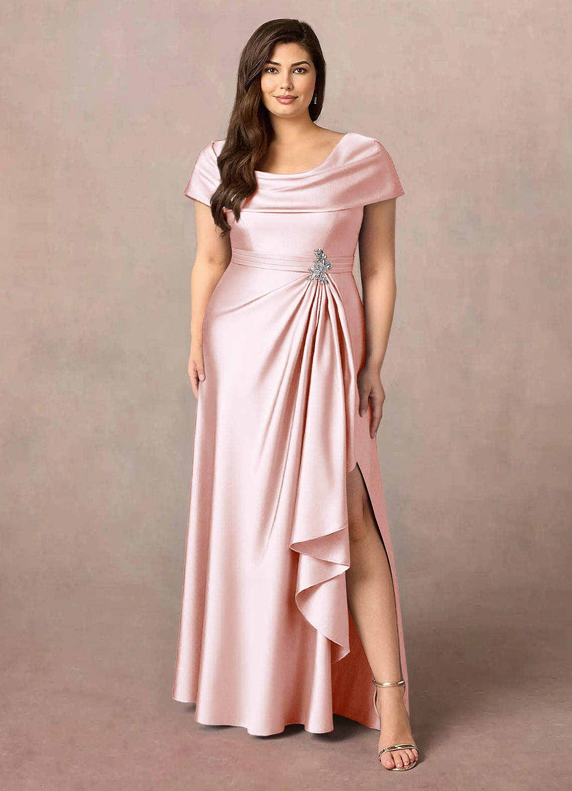 Azazie Branford Mother of the Bride Dresses Blushing Pink A-Line Pleated Stretch Satin Dress image8