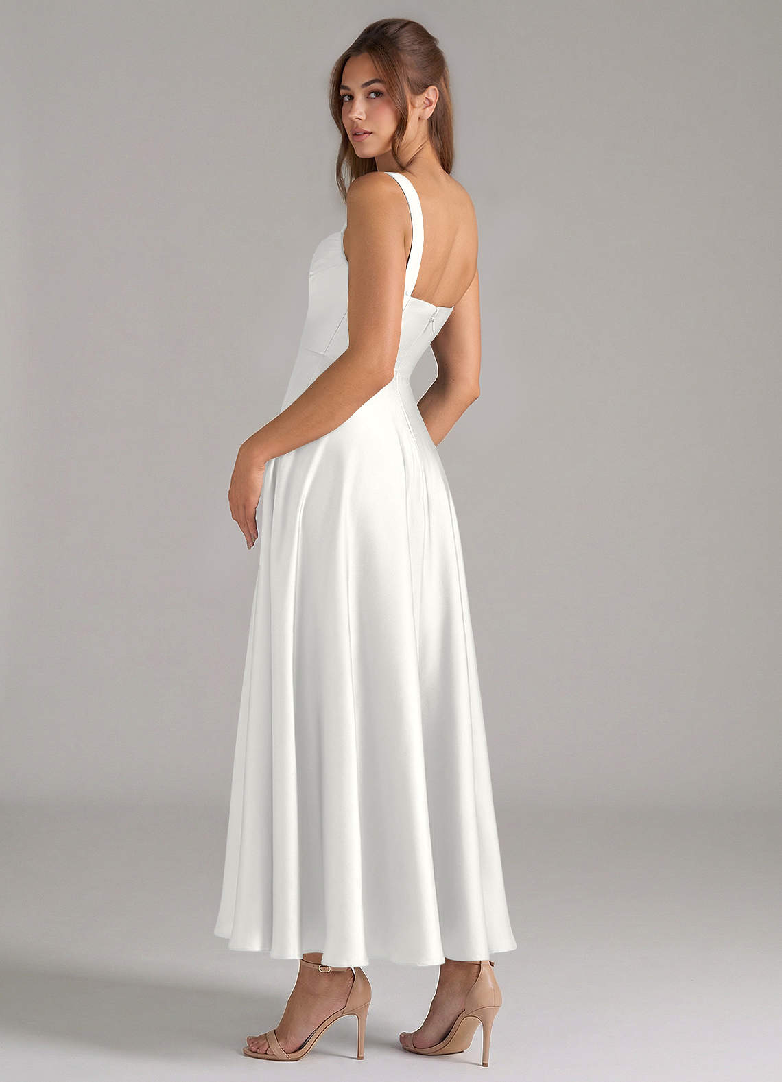 Azazie Shaude Bridesmaid Dresses White A-Line Pleated Stretch Satin Dress image6