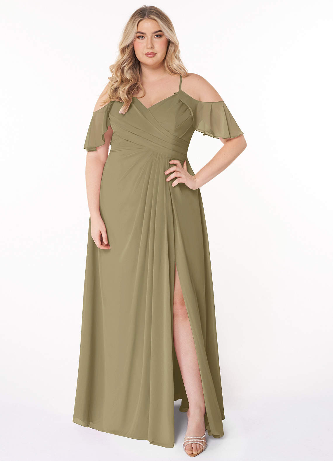 Azazie Dakota Bridesmaid Dresses Moss Green A-Line V-Neck Pleated Chiffon Dress image1