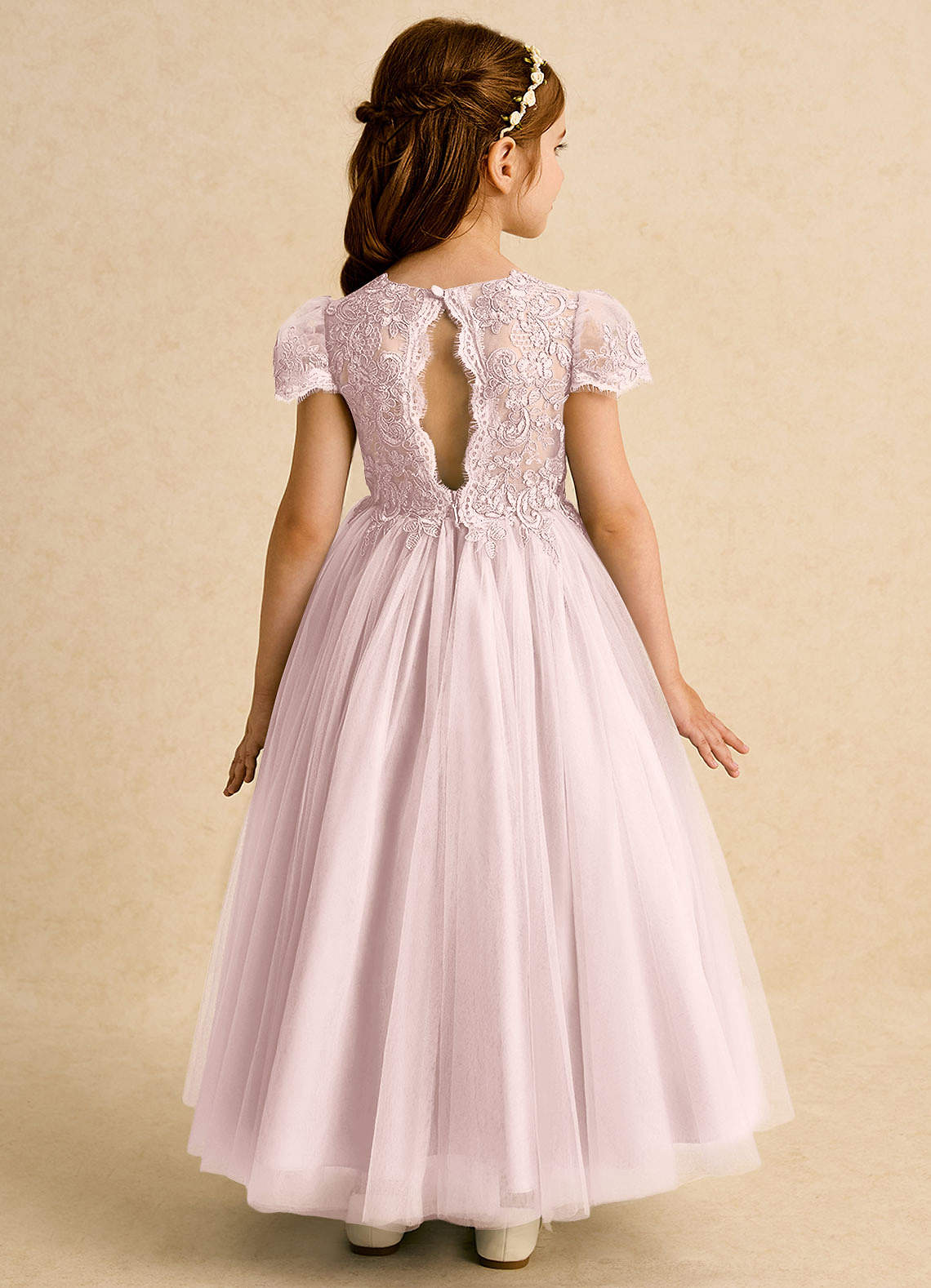 Azazie Puff Blushing Pink Ball-Gown Lace Tulle Dress | Azazie