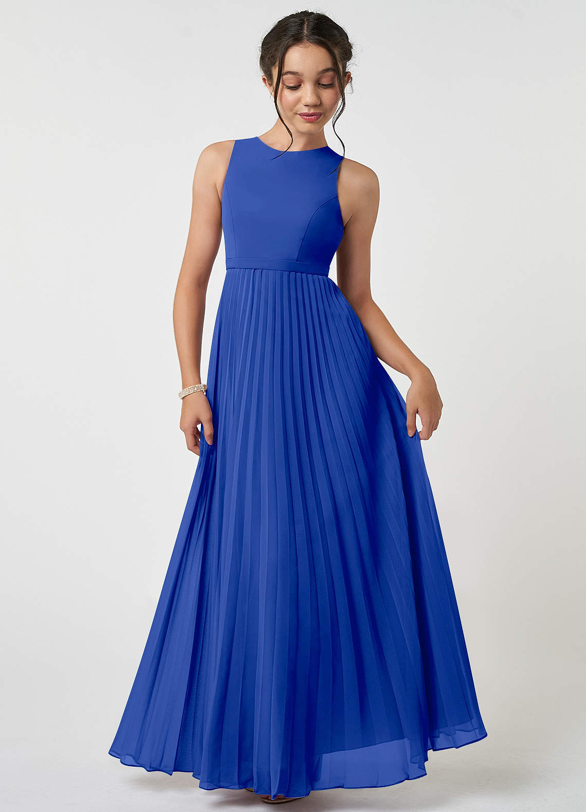 Azazie Lindie Junior Robe Trapèze en Mousseline de soie Plissée Bleu Roi image1