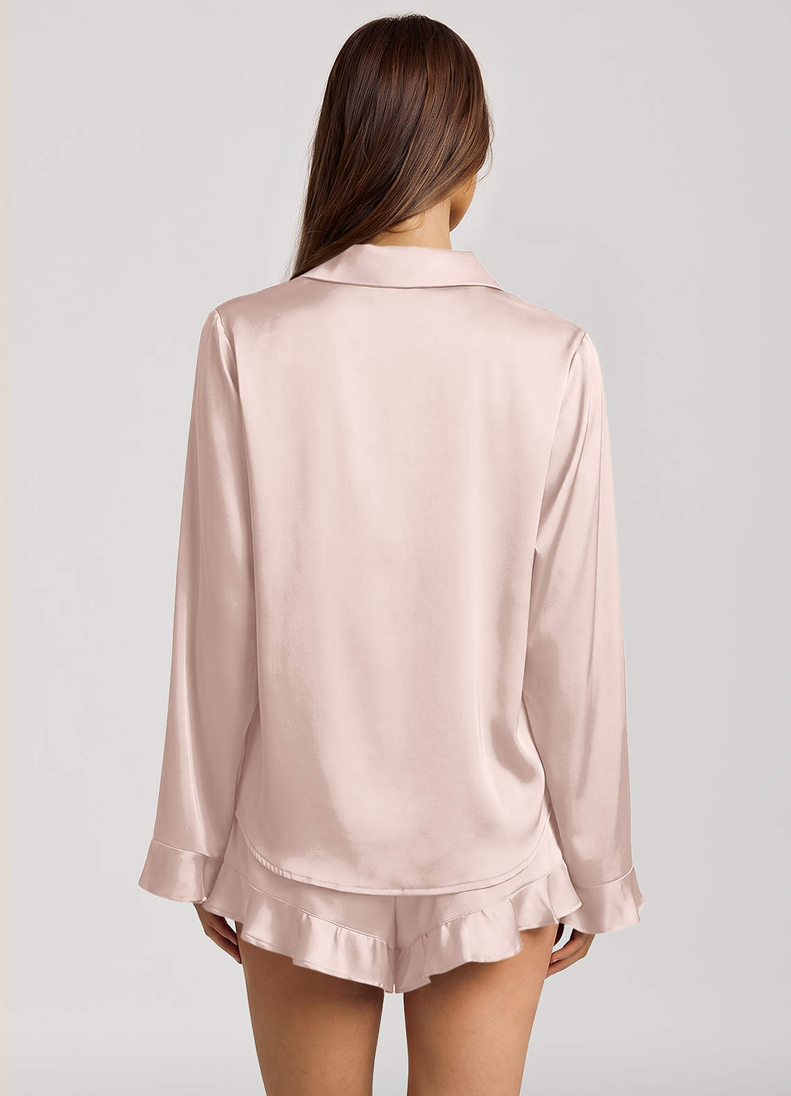 front Ruffled Satin Long Sleeve Shorts Pajama Set