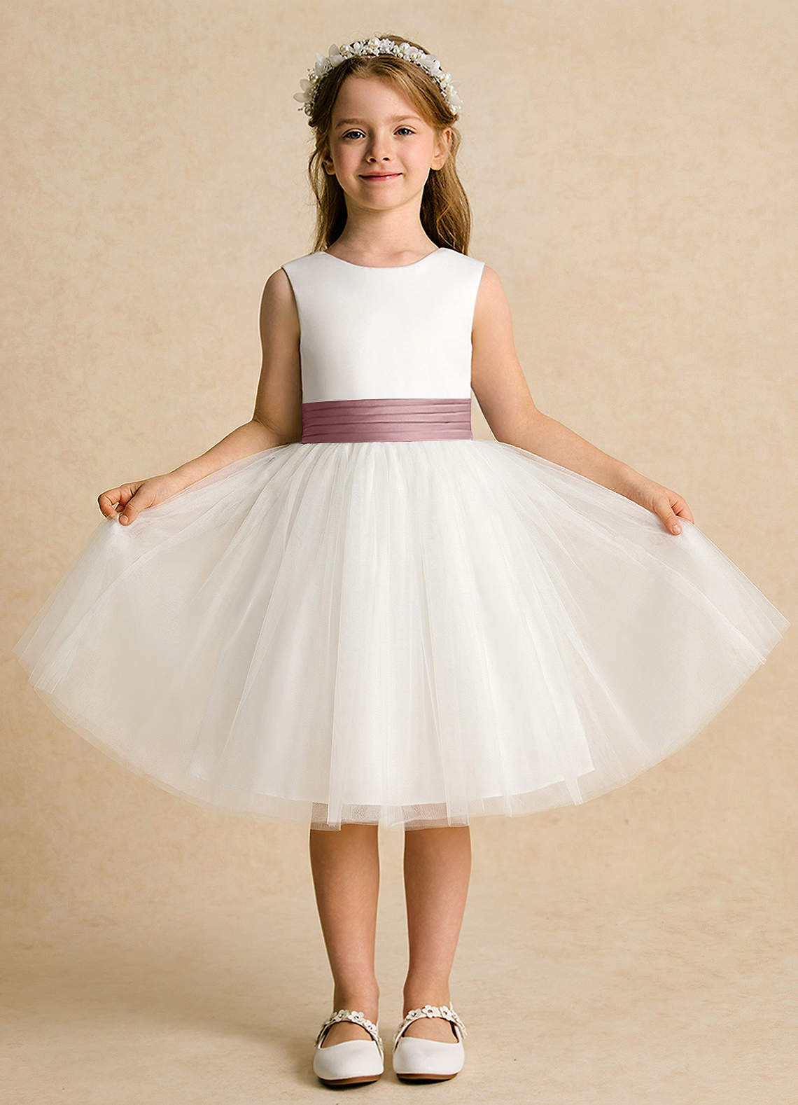 Azazie Sosie Vestidos de florista Vestido Marfim Rosa Empoeirada de Tule de Linha A com Plissado image1