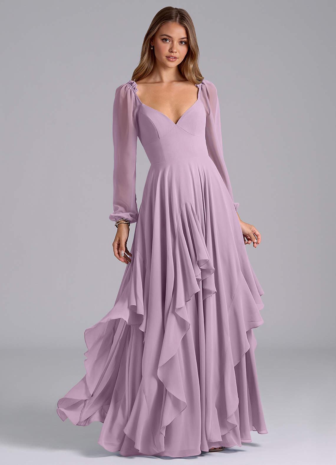 Azazie Karan Bridesmaid Dresses Wisteria A-Line Long Sleeve Chiffon Dress image1