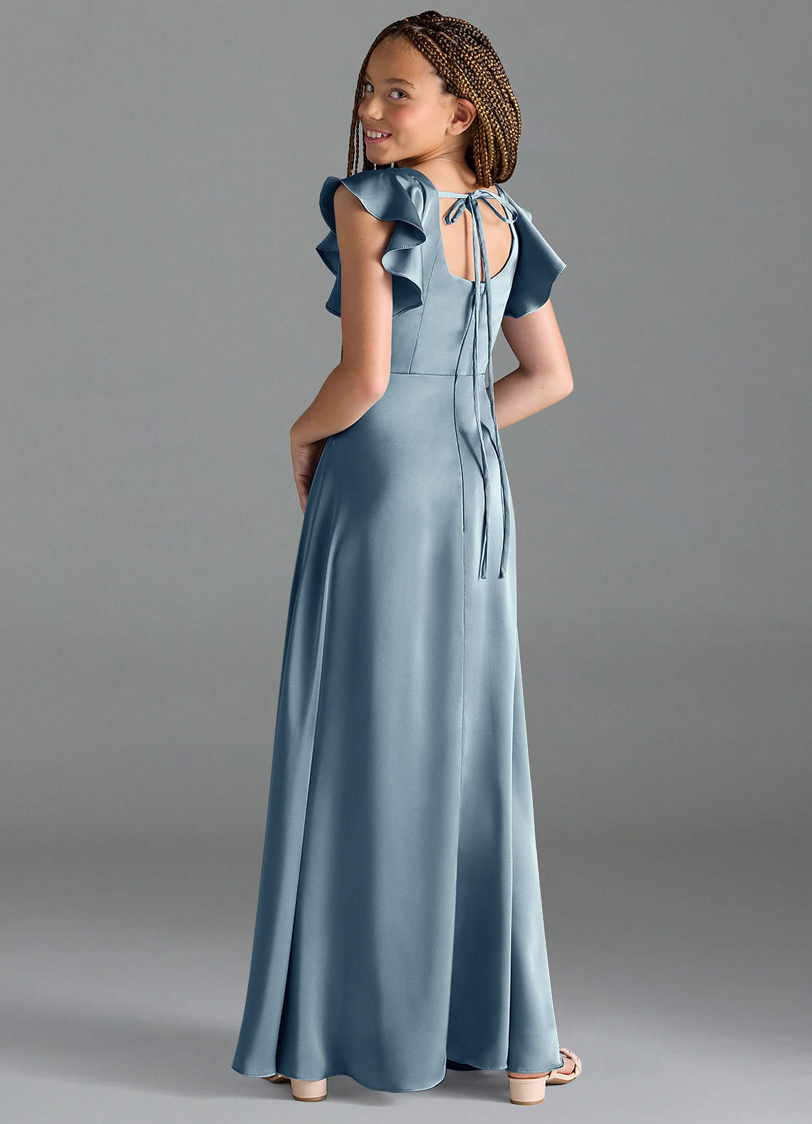 Azazie Bondi Junior Dusty Blue A-Line Side Slit Stretch Satin Dress image4