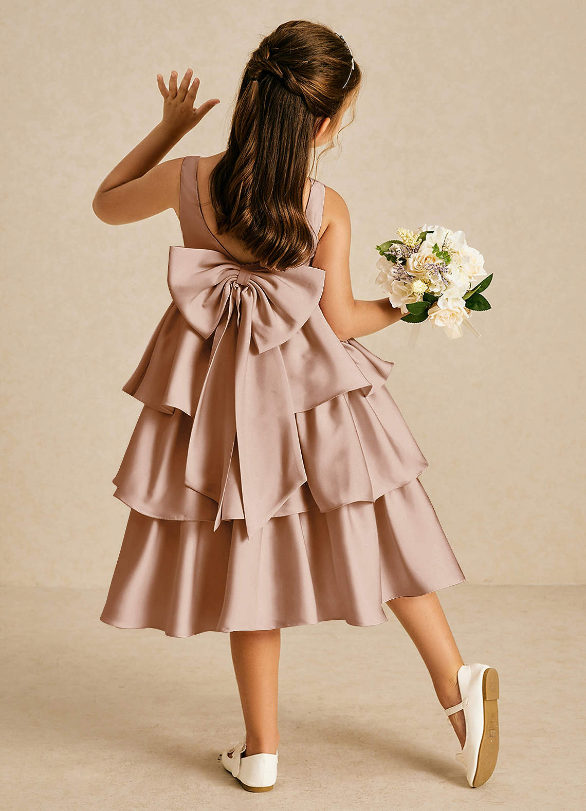 Azazie Margery Flower Girl Dresses English Rose A-Line Bow Stretch Satin Dress image1