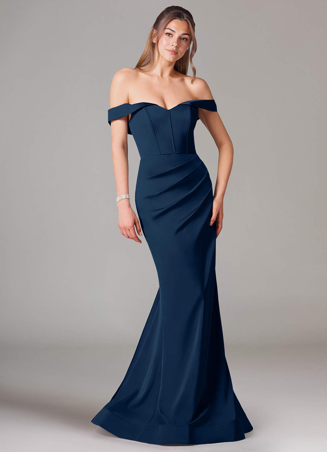 Azazie Everly Bridesmaid Dresses Dark Navy Mermaid Off the Shoulder Stretch Satin Convertible Dress image1