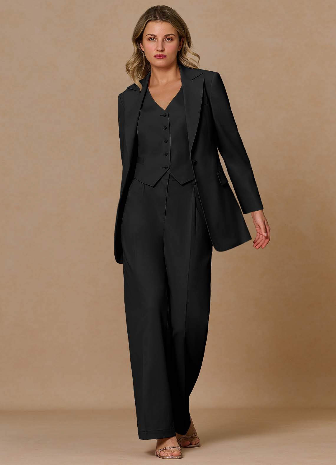 front Margaret Black Cotton Linen Blend 3-Piece Suit