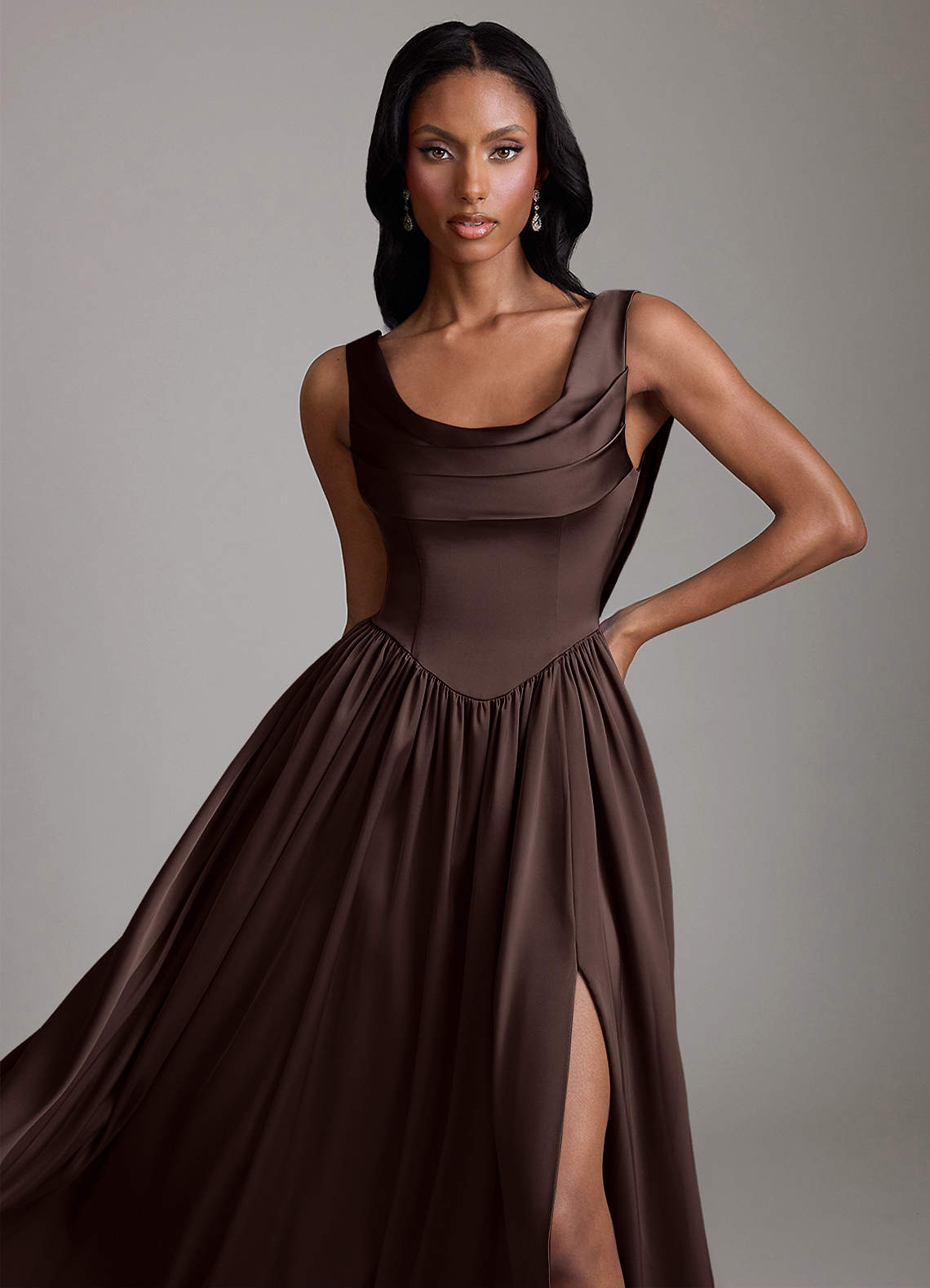 Azazie Novi Bridesmaid Dresses Ganache A-Line with Pockets Stretch Satin Dress image2