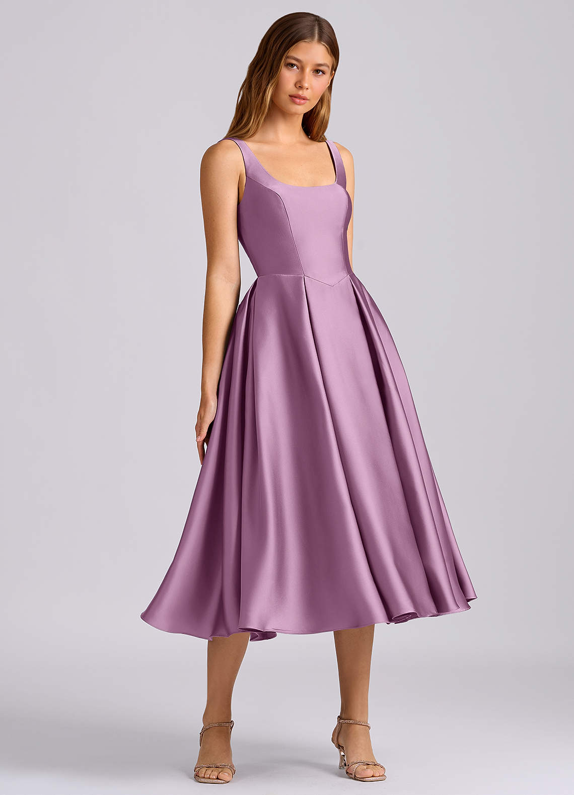 purple tea length bridesmaid dresses Azazie Amalie Wisteria Stretch Satin Bridesmaid Dresses