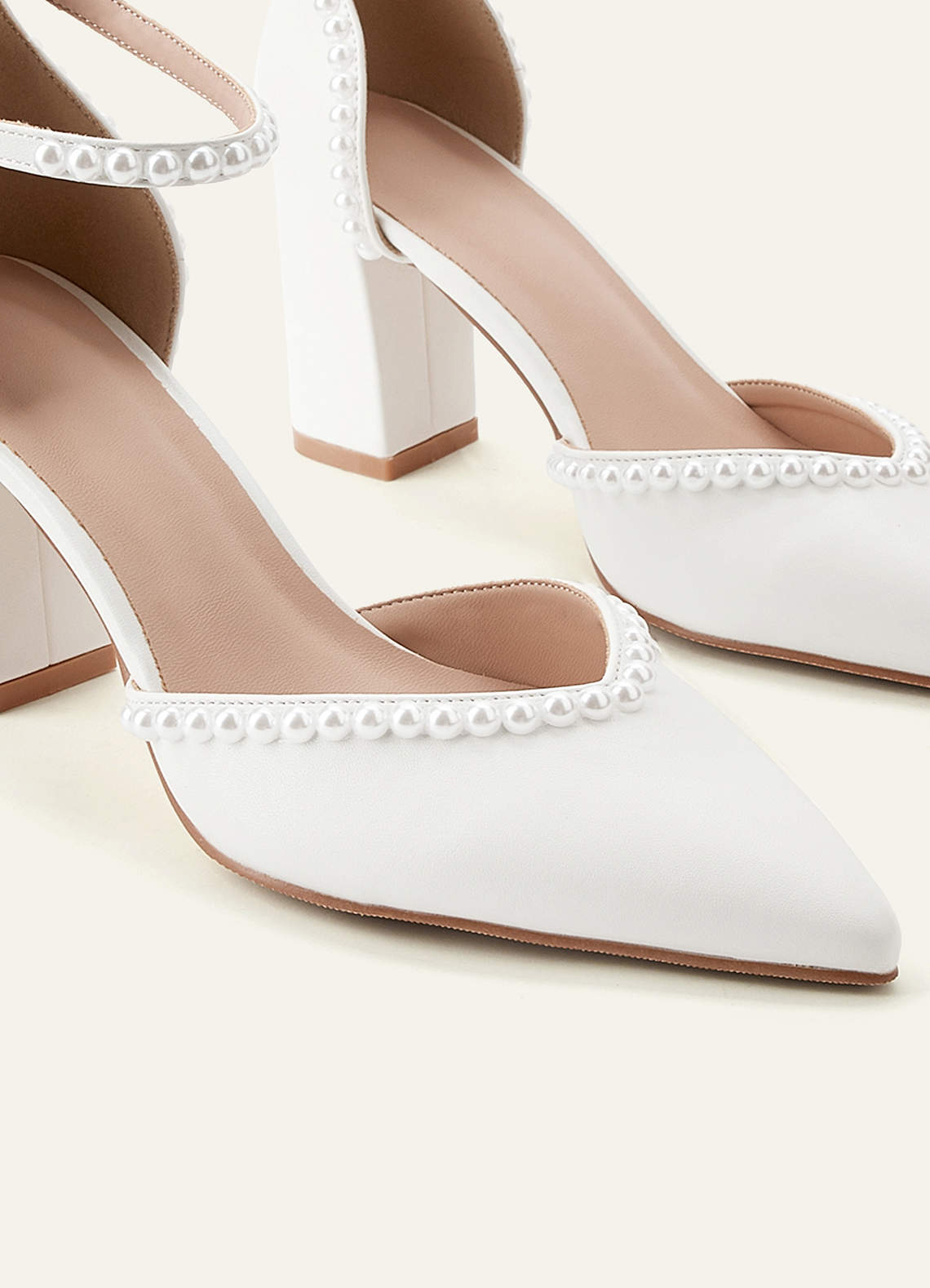 front Pearl Embellished Chunky Block Heel Pumps Closed Toe Wedding Shoes
