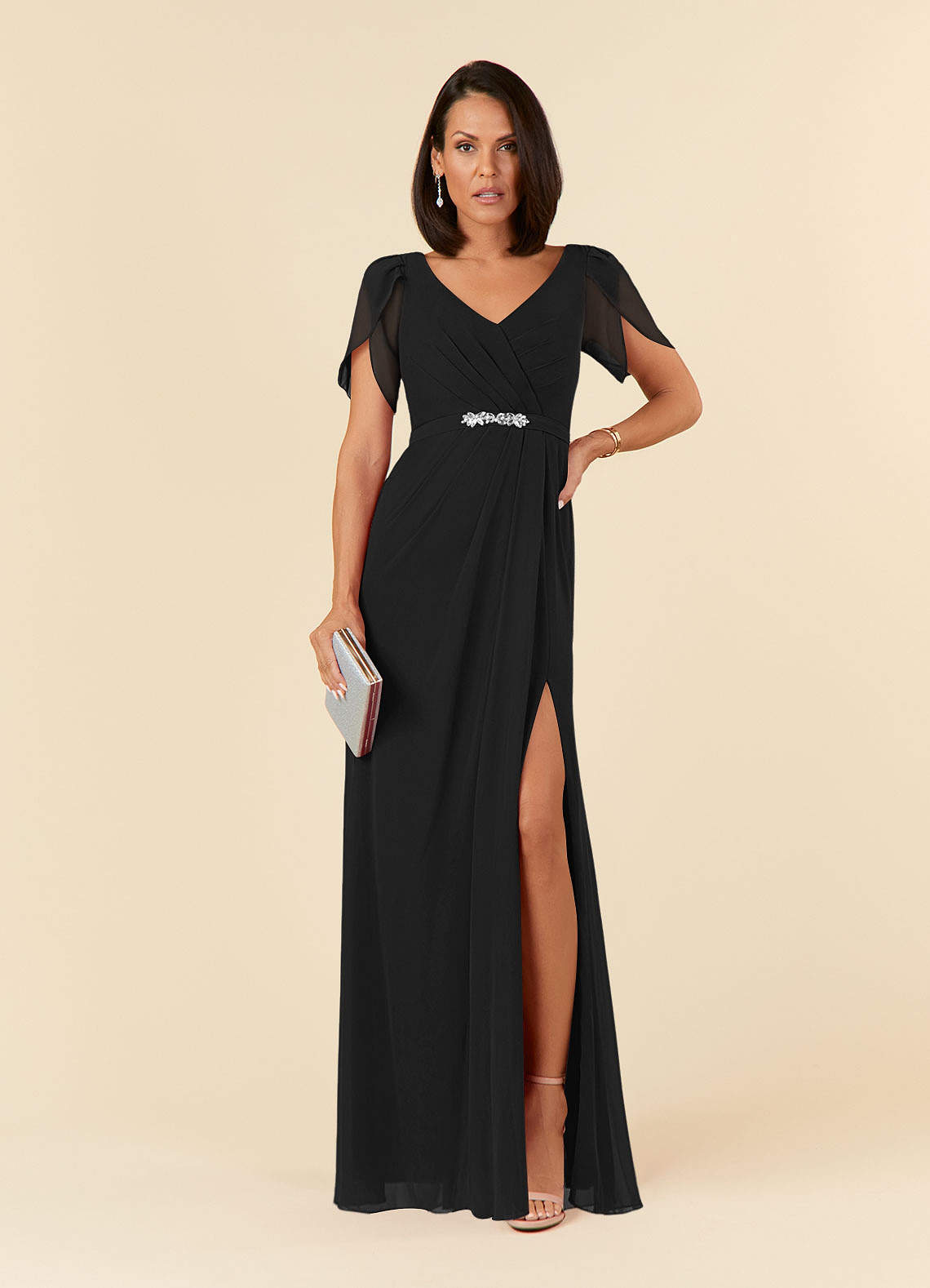 Azazie Marianne Mother of the Bride Dresses Black Sheath V-Neck Pleated Chiffon Dress image1