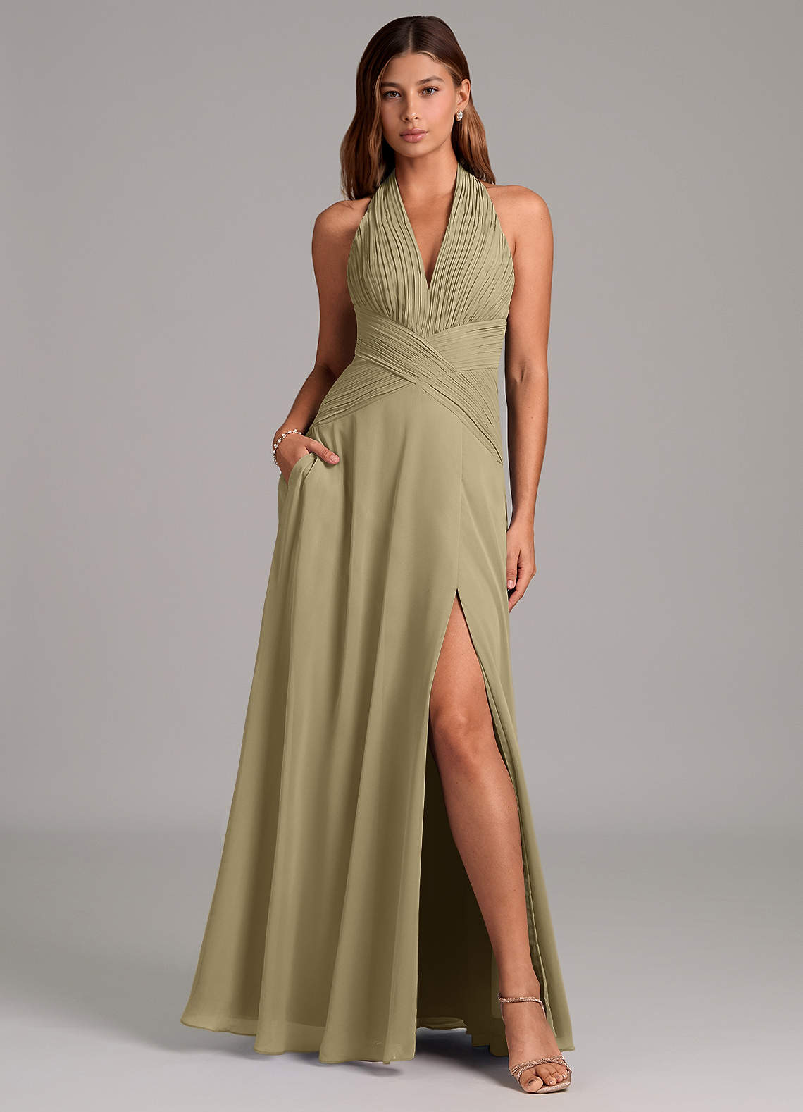 Azazie Elizabeth Jurken voor bruidsmeisjes Jurk van Chiffon met A-Lijn Geplooid Mosgroen image1