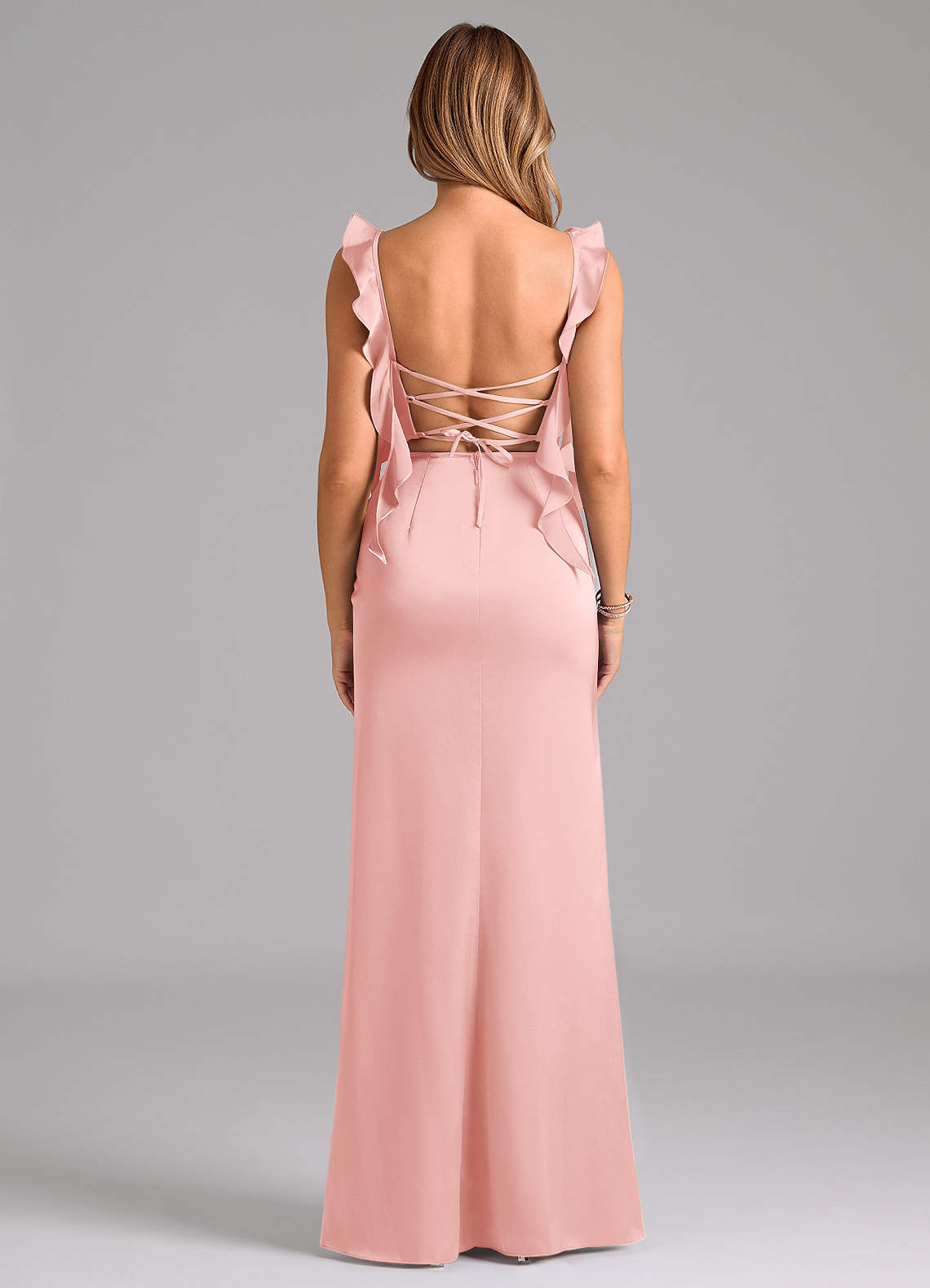 Azazie Jessamine Bridesmaid Dresses Powder Pink Sheath Corset Stretch Satin Dress image5
