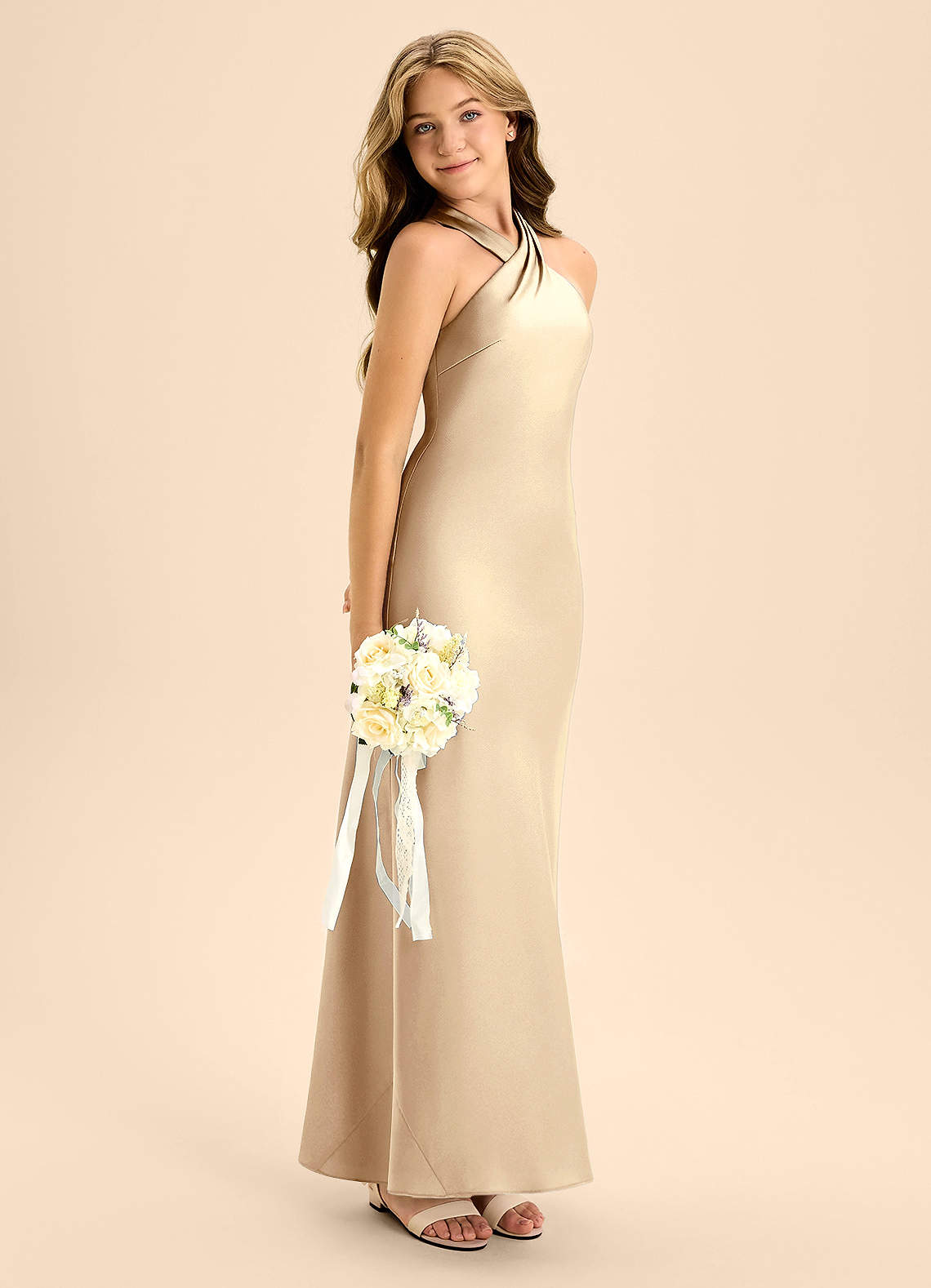 Azazie Doretta Junior Champagne A-Line Pleated Stretch Satin Dress image6