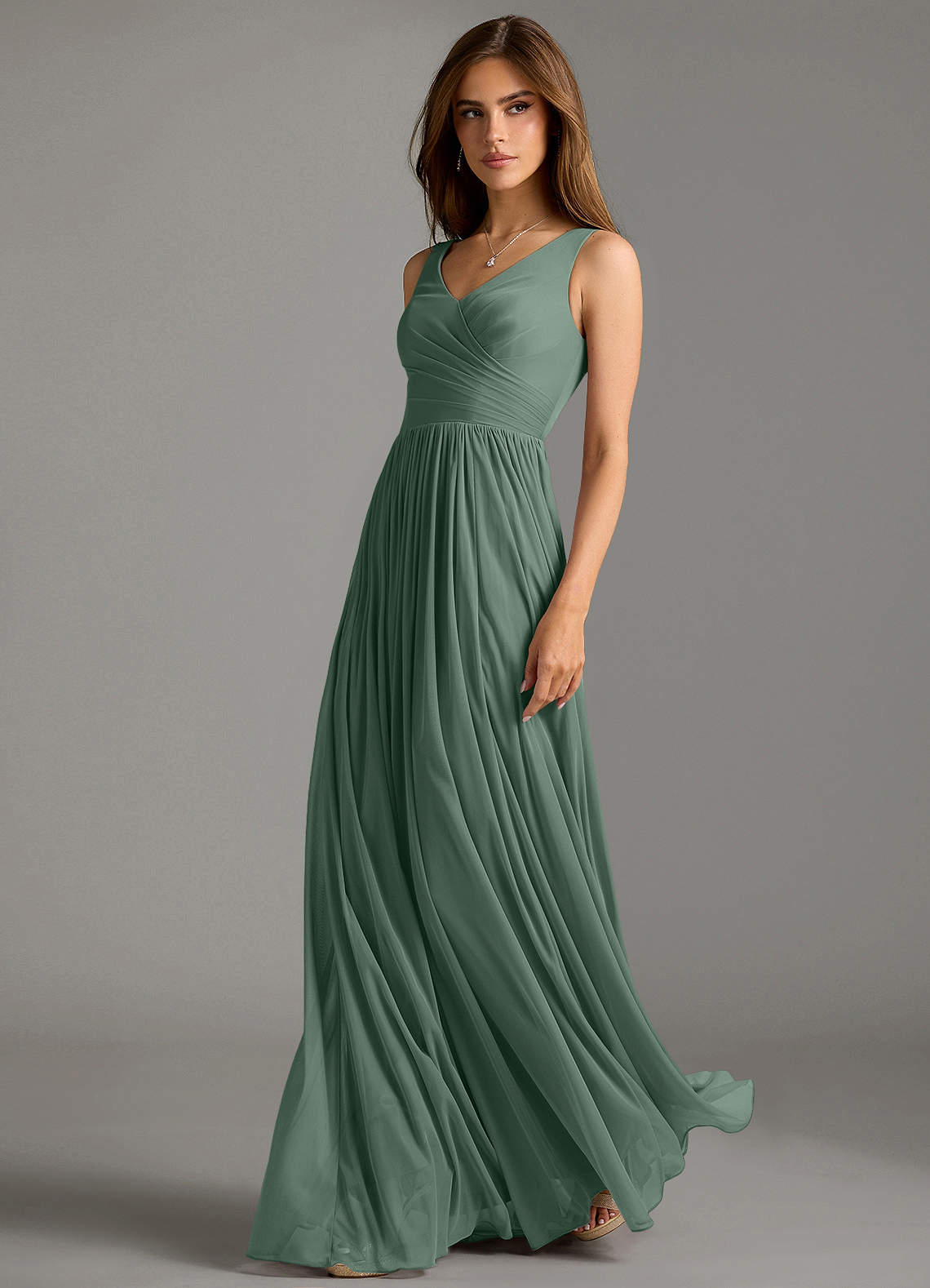 Azazie Keyla Bridesmaid Dresses Eucalyptus A-Line Pleated Mesh Dress image1