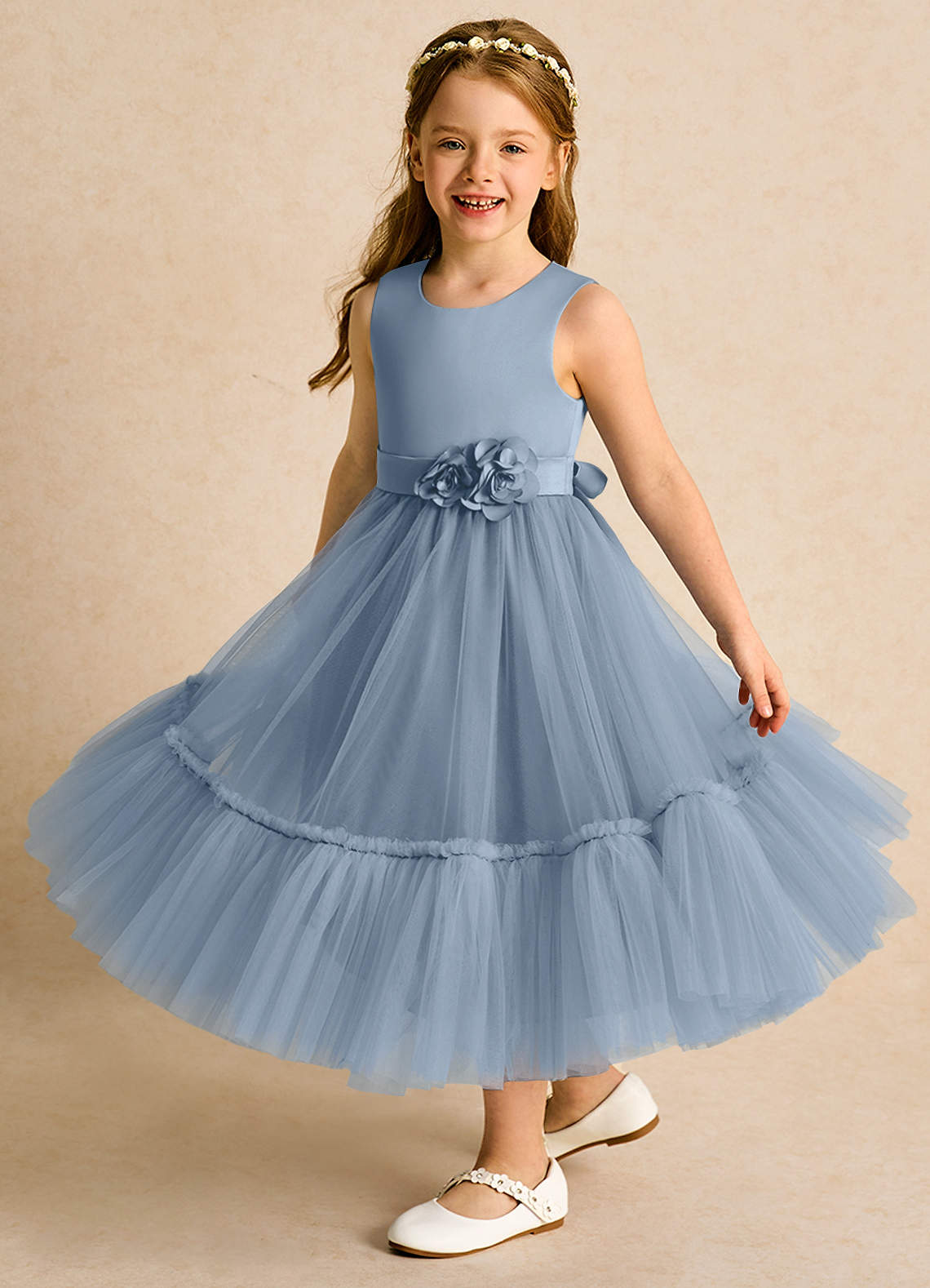 Azazie Miracle Flower Girl Dresses Dusty Blue A-Line Bow Matte Satin Dress image3