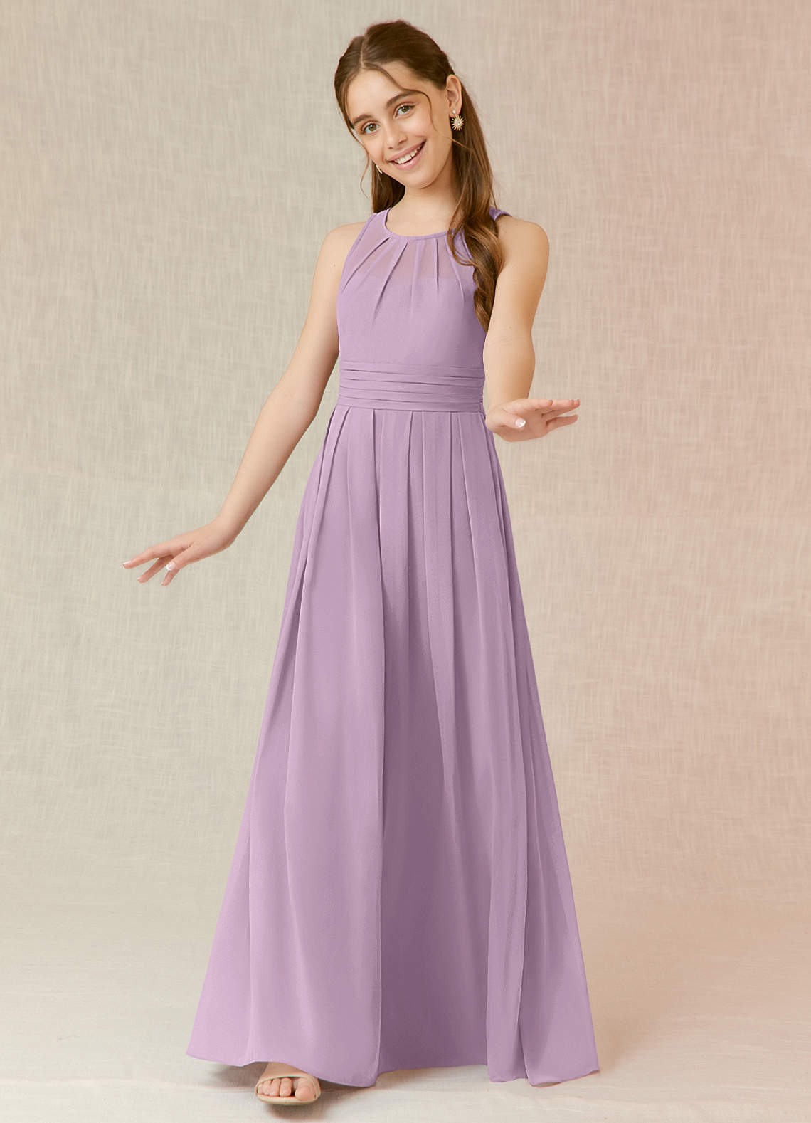 Azazie Bibiane Junior Vestido Glicínia de Chiffon de Linha A com Plissado image3