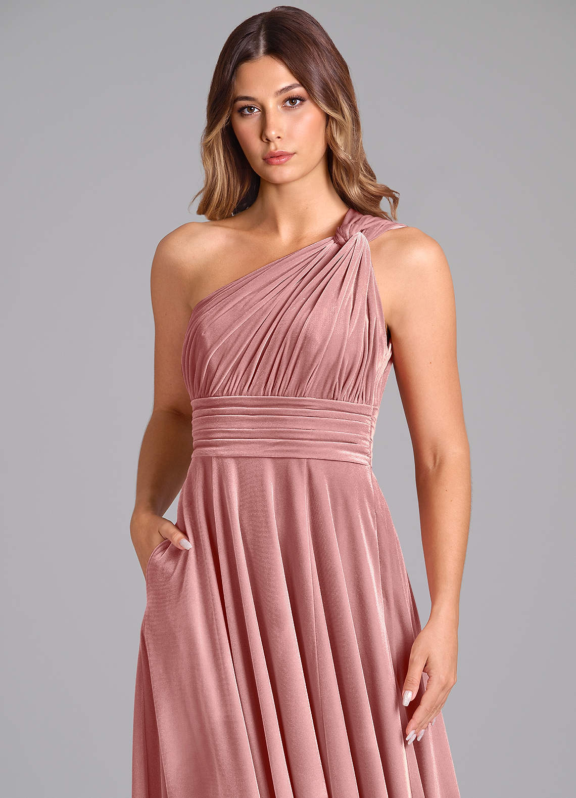 Azazie Charlize At-home Try On Dresses Black A-Line One Shoulder Velvet Dress image5