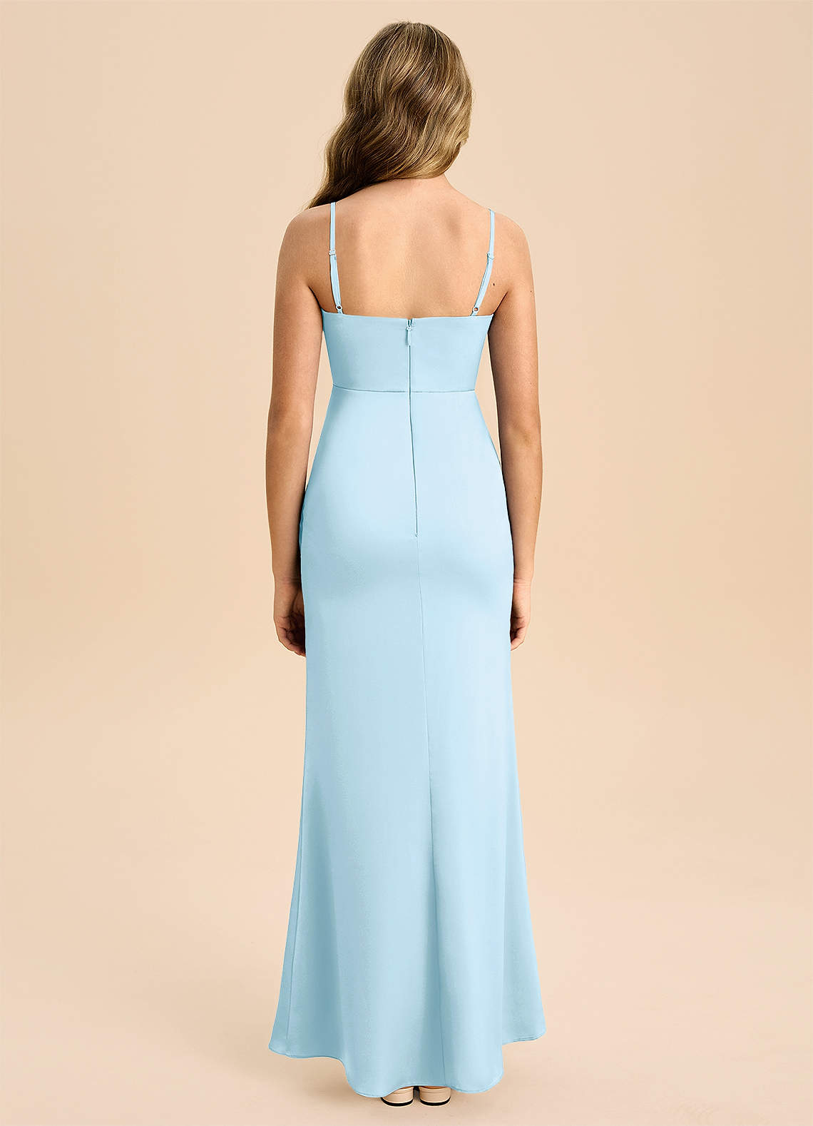 Azazie Buzzy Junior Sky Blue Sheath Pleated Stretch Satin Dress image1