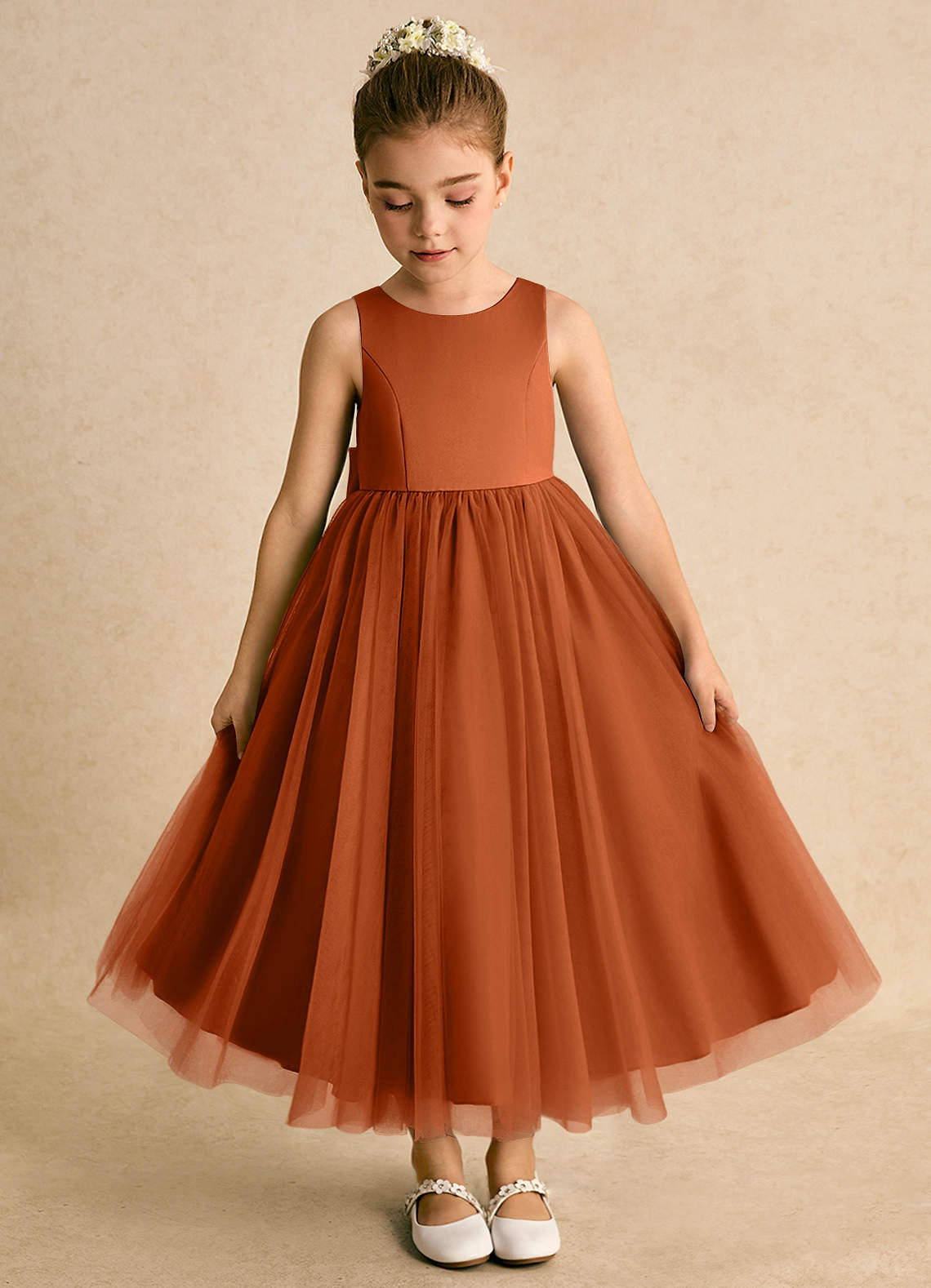 Azazie Solia Robe Demoiselle D'honneur Fillette Robe Princesse en Tulle Arc Orange Brûlée image5