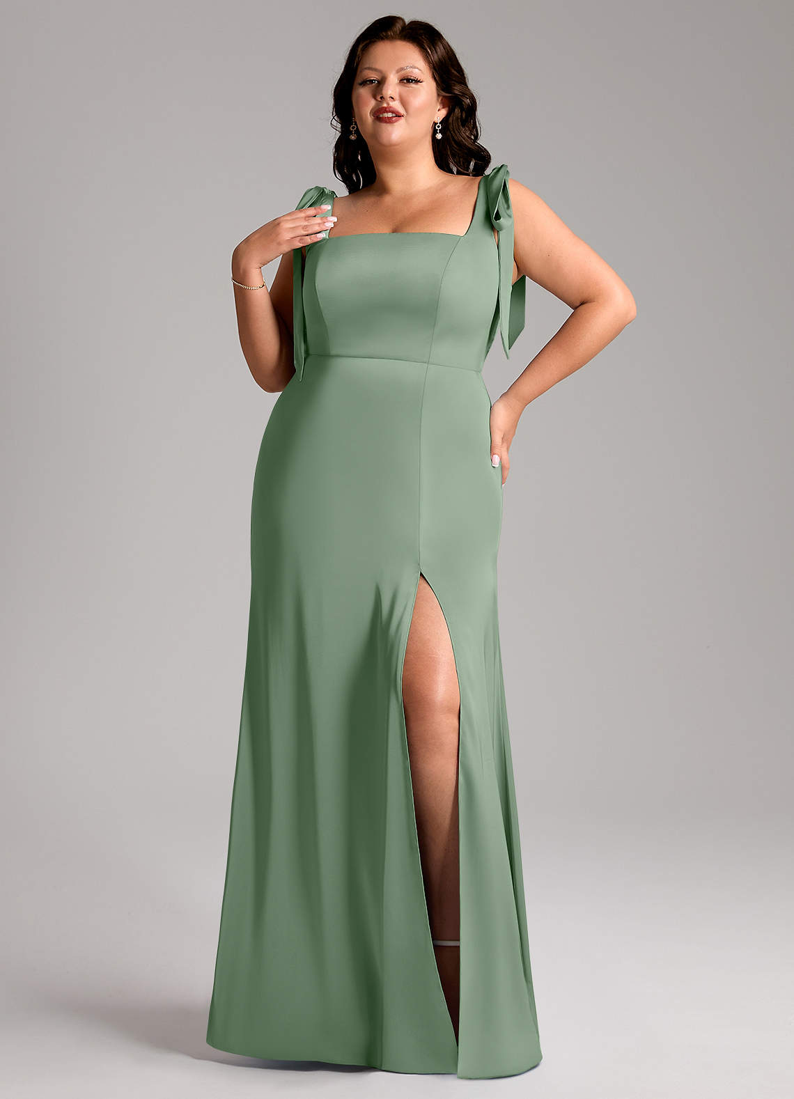 Azazie Frostine Bridesmaid Dresses Matcha A-Line Bow Stretch Satin Dress image1