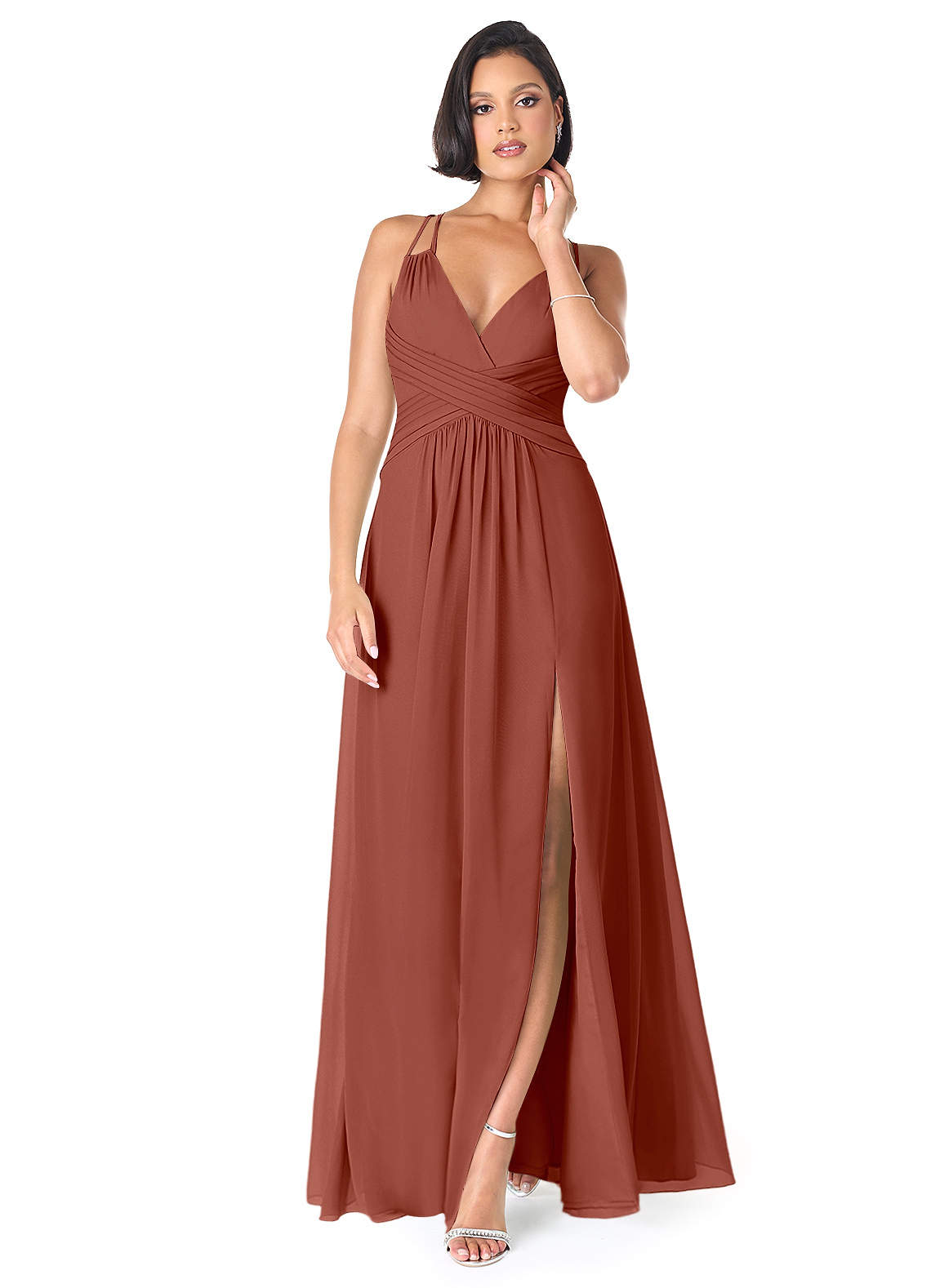 Azazie Farren Bridesmaid Dresses Auburn A-Line Pleated Chiffon Convertible Dress image1