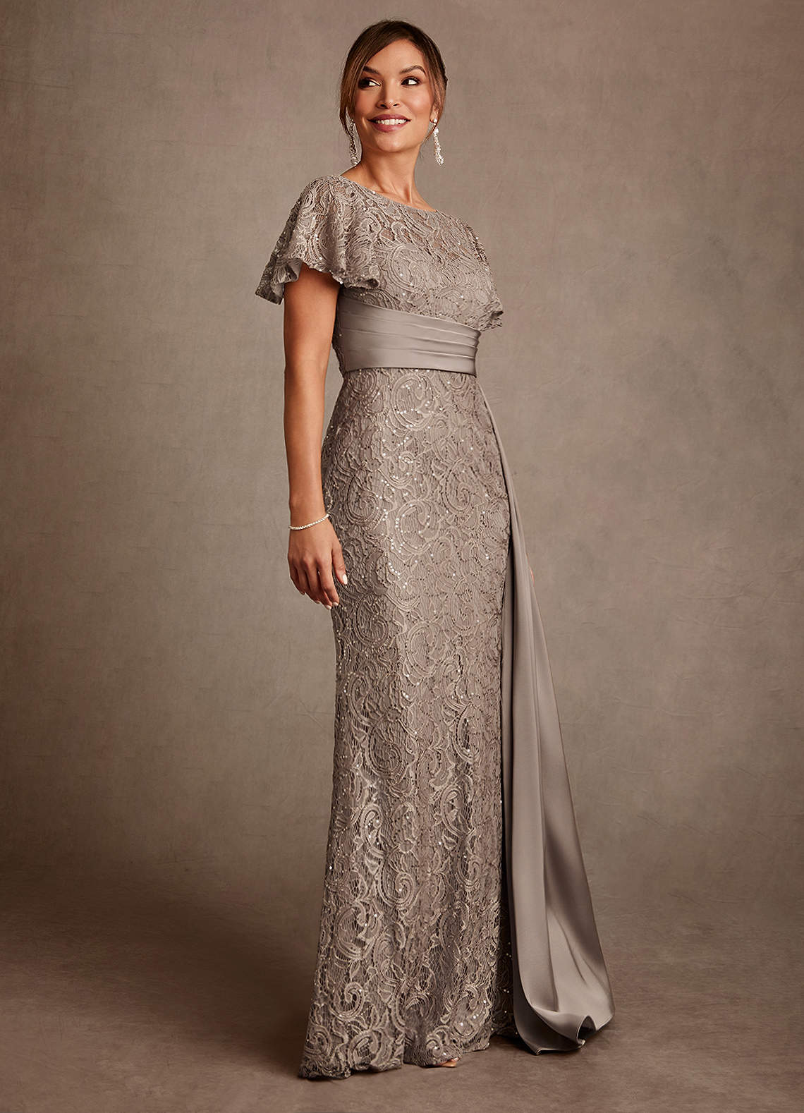 Azazie Harrison Mother of the Bride Dresses Taupe Mermaid Pleated Lace Dress image3
