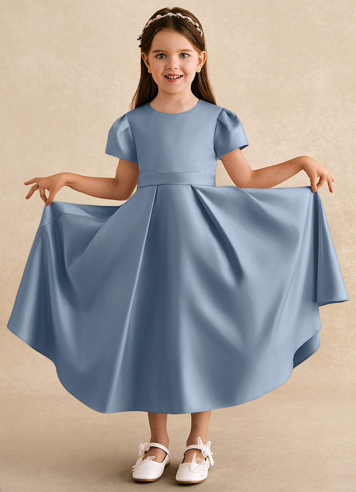 Azazie Princess Flower Girl Dresses Dusty Blue A-Line Pleated Matte Satin Dress image2