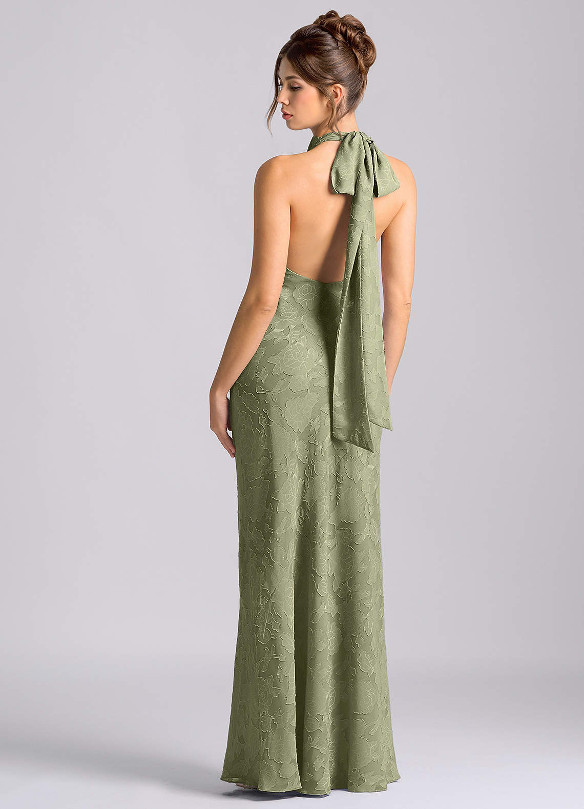 Azazie Velli Vestidos de damas de honor Vestido de Pistacho de Devorado Floral de Corte Sirena con Cuello Alto image1
