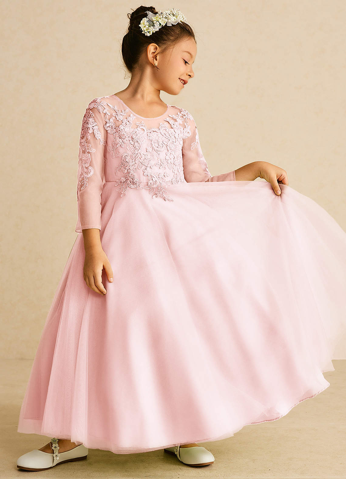 Azazie Precious Flower Girl Dresses Blushing Pink A-Line Lace Tulle Dress image1