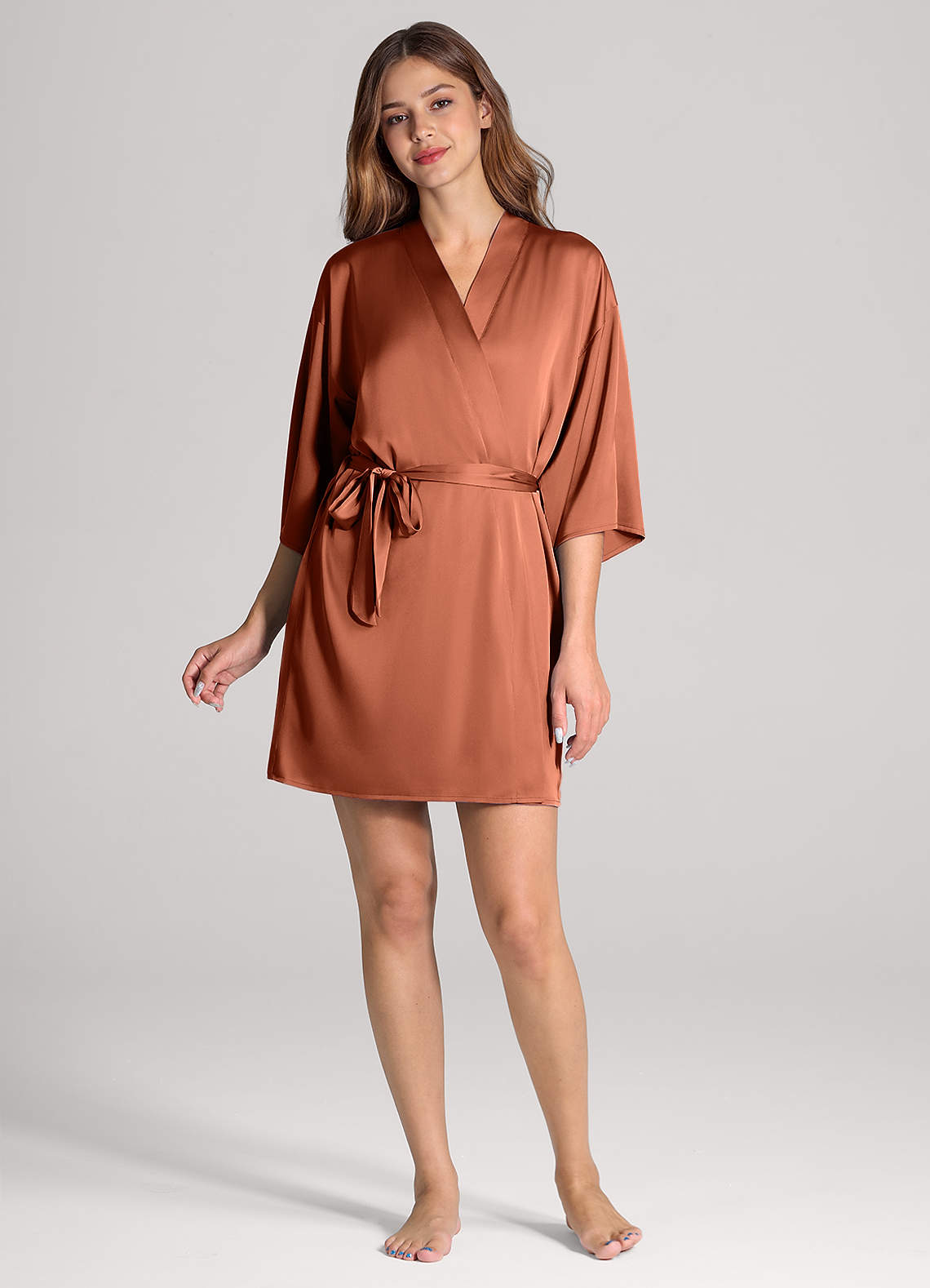 front Matching Color 2-Piece Satin Robe and Slip Set