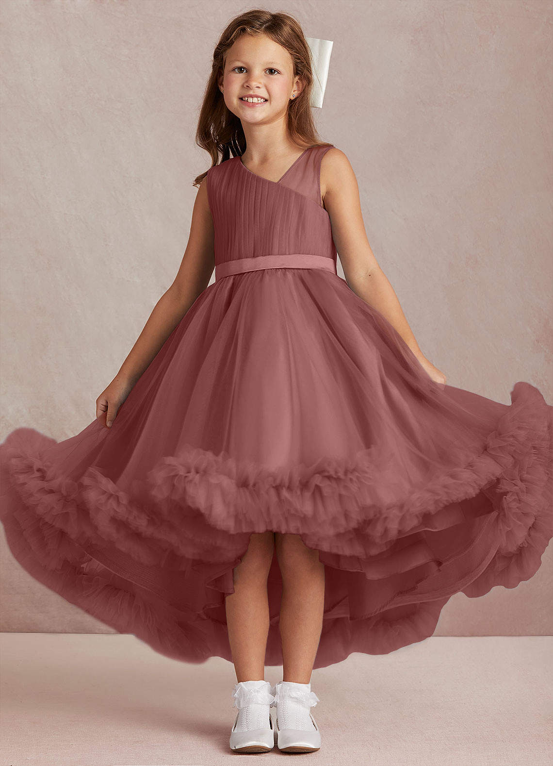 Azazie Lottie Flower Girl Dresses Desert Rose A-Line One Shoulder Satin Dress image1