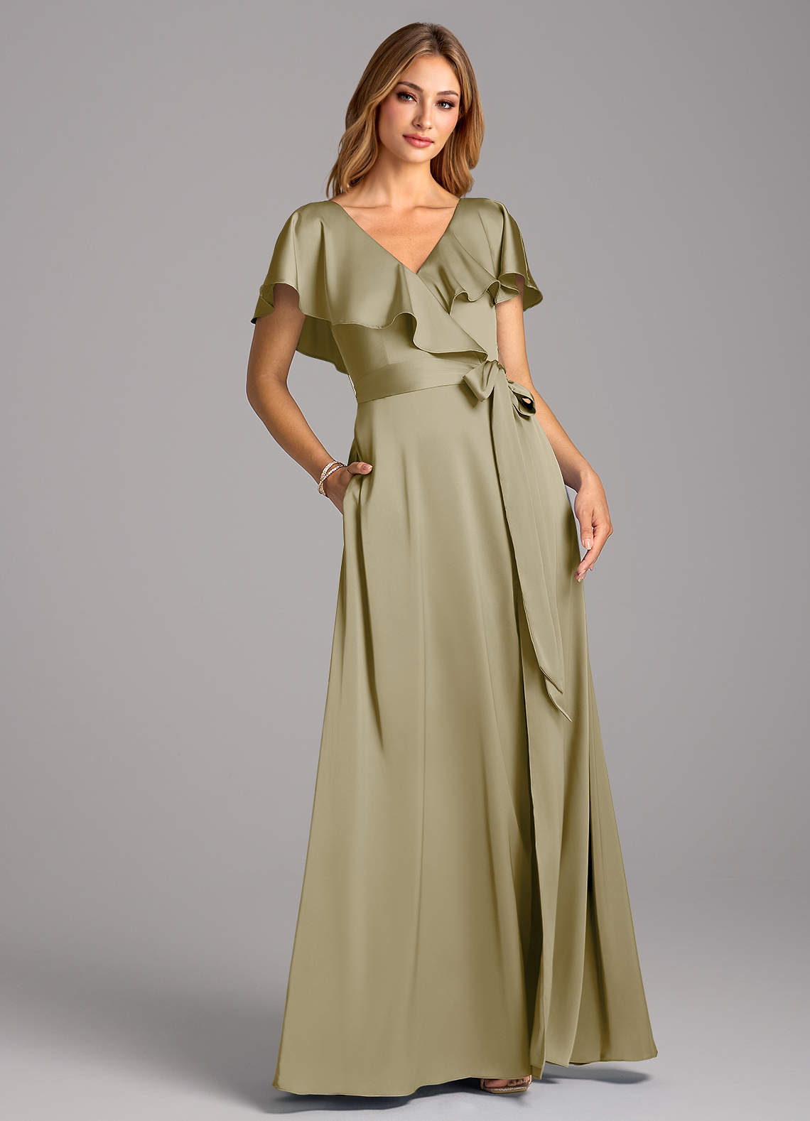 Azazie Lainey Vestidos de damas de honor Vestido de Musgo Verde de Satén Elástico de Corte en A con Con bolsillos image1