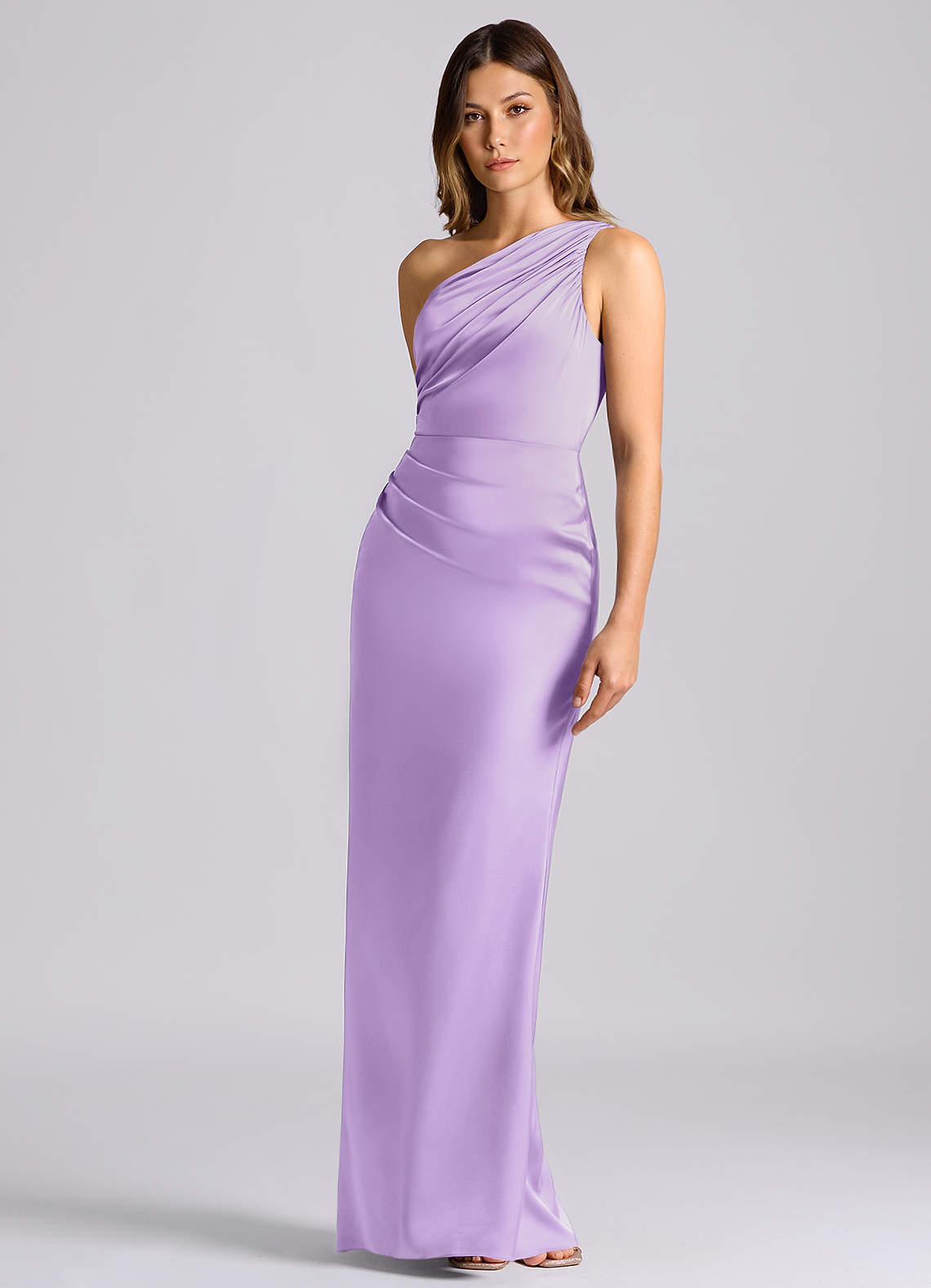 Azazie Akilah Bridesmaid Dresses Lilac Mermaid One Shoulder Stretch Satin Dress image5