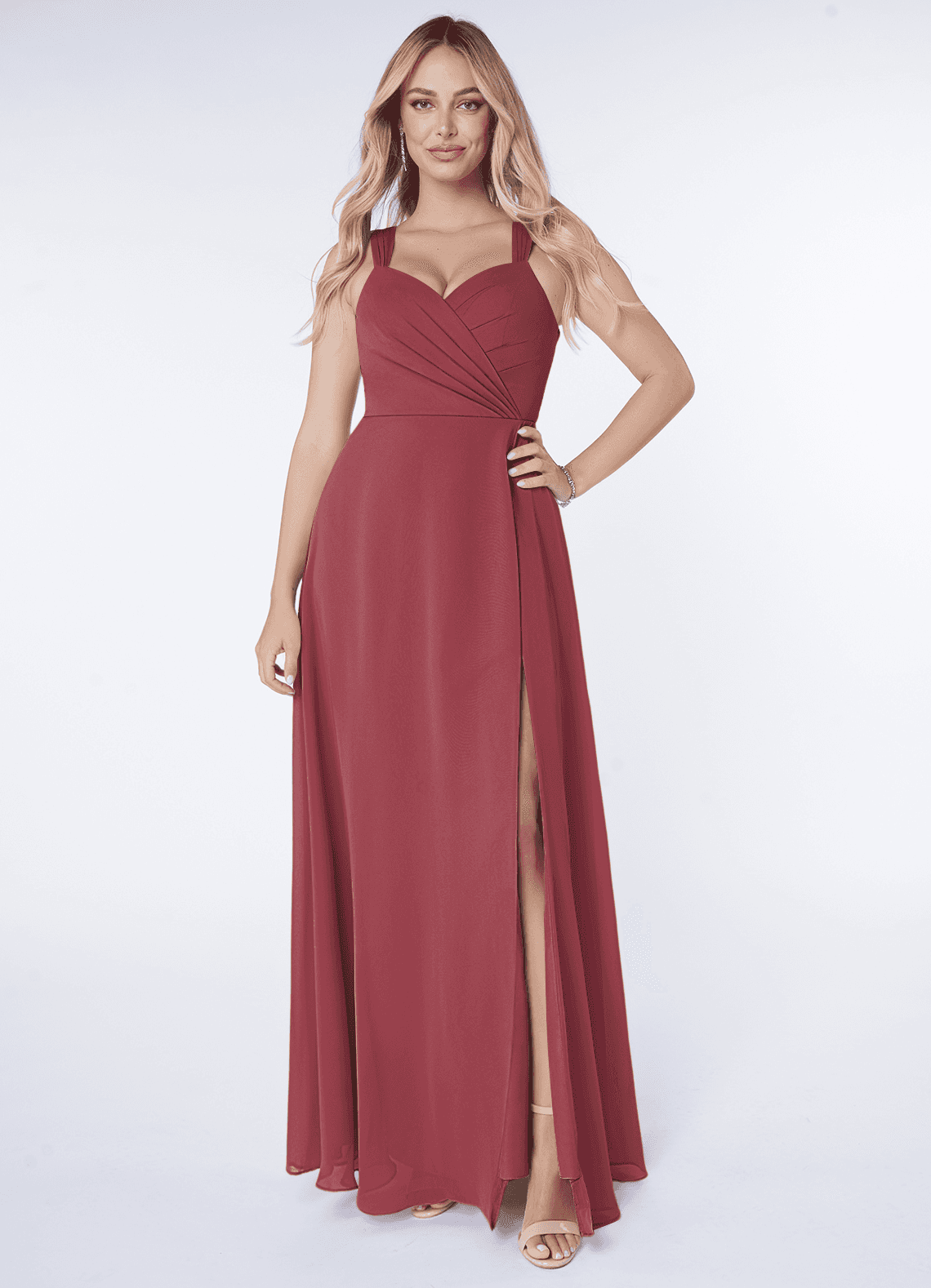 Azazie Nahrin Bridesmaid Dresses Merlot A-Line V-Neck Pleated Chiffon Dress image1