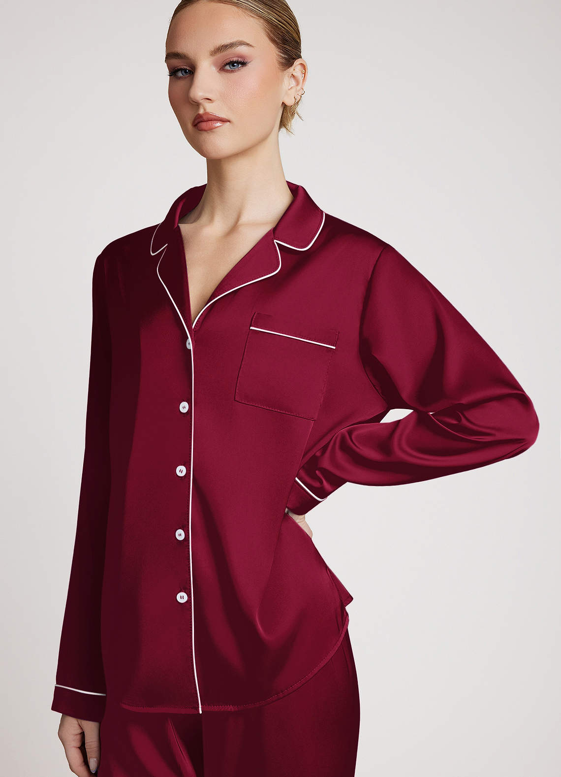 front Long Sleeves and Pants Satin PJ Set