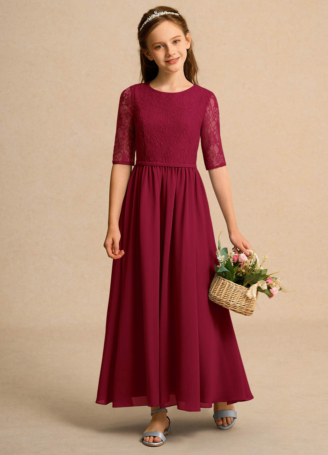 Azazie Pippin Junior Formal vestidos de niña de las flores Vestido de Borgoña de Encaje de Corte En A image1