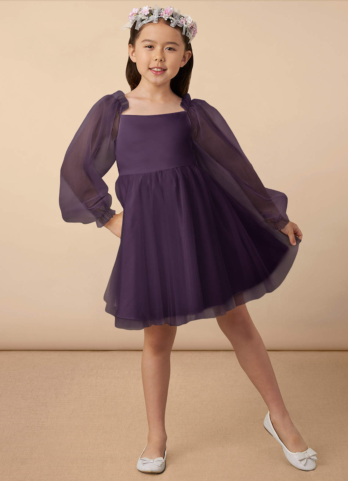 Azazie Aya Flower Girl Dresses Plum A-Line with Sleeves Tulle Dress image1