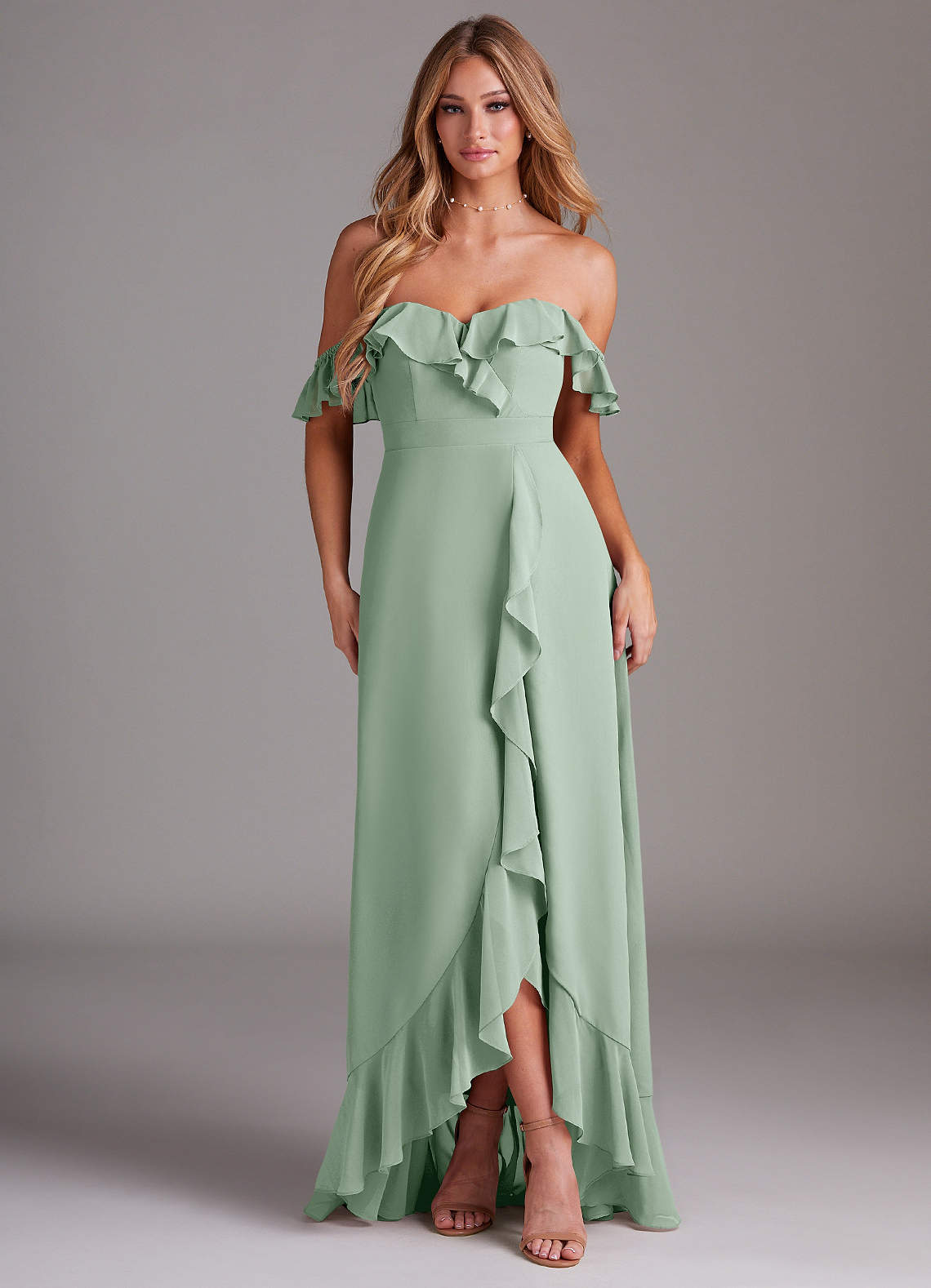 Azazie Lyra Robes de demoiselle d'honneur Robe Trapèze Convertible en Mousseline de soie Agave image1