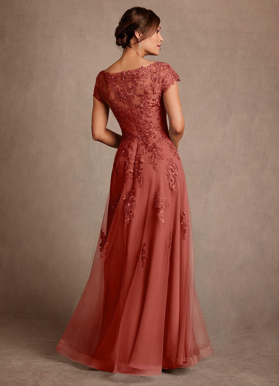 Azazie Jalinda Mère de la mariée Robes Robe Trapèze en Mousseline de soie Dentelle Terracotta image1
