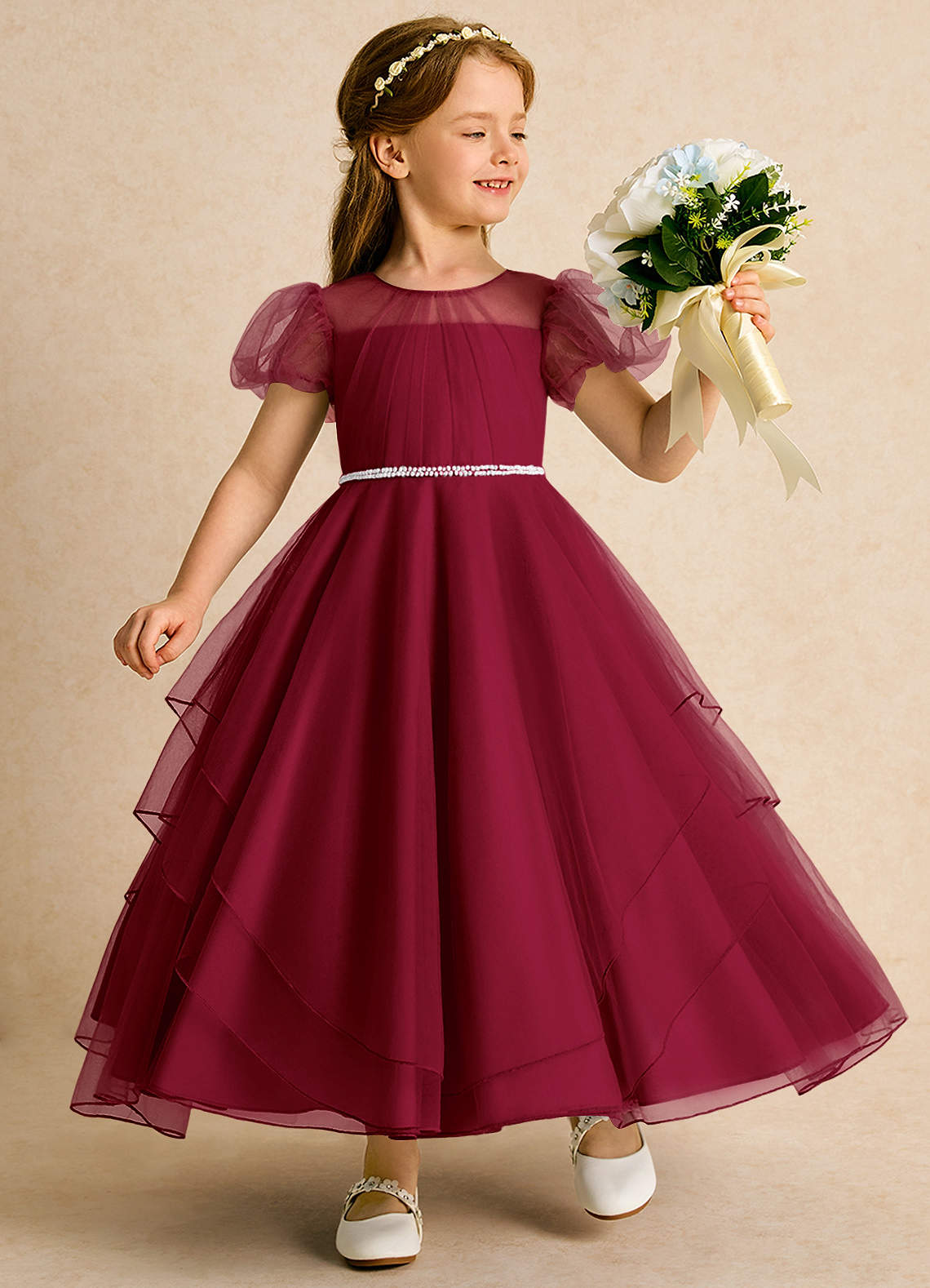 Azazie Duckie Abiti da Ragazza di Fiori Abito Principessa in Tulle Plissettato Borgogna image1