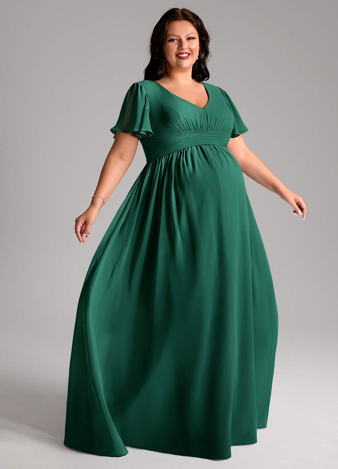 Azazie Verna Robes de demoiselle d'honneur de maternité Robe Trapèze Col V froncé Longueur ras du sol Mousseline de soie image8