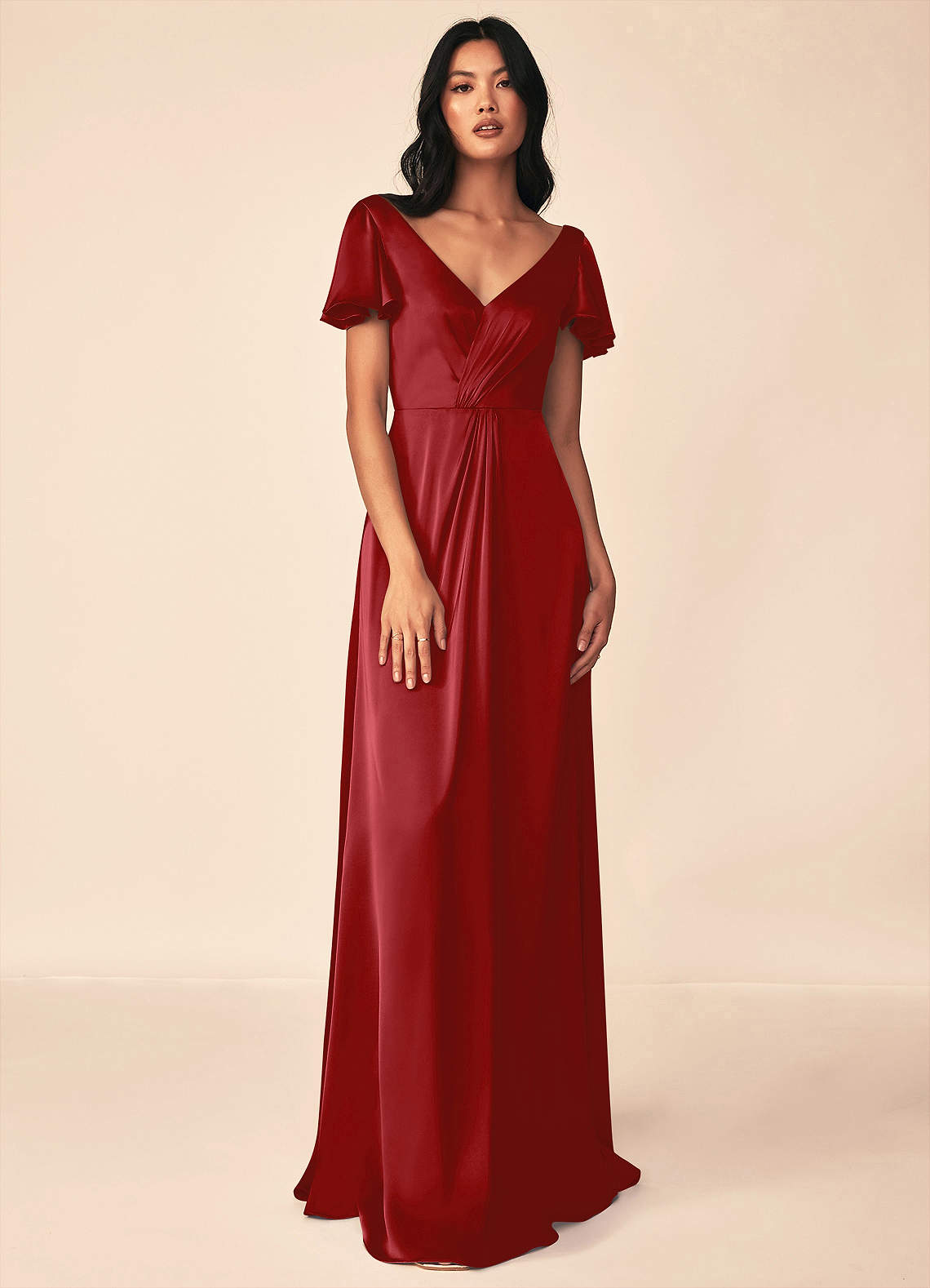 Azazie Soren Bridesmaid Dresses Pomegranate A-Line Pleated Stretch Satin Dress image1